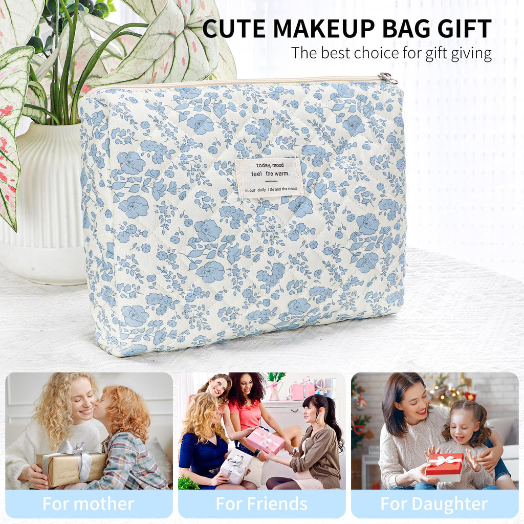 senbowe Floral Makeup Bag, 3 Pack Large Cotton Quilted Makeup Bag Set, Cute Floral Coquette Aesthetic Toiletry Bag Make Up Cosmetic Bag for Women, Toiletry Travel Make Up Organizer Bag