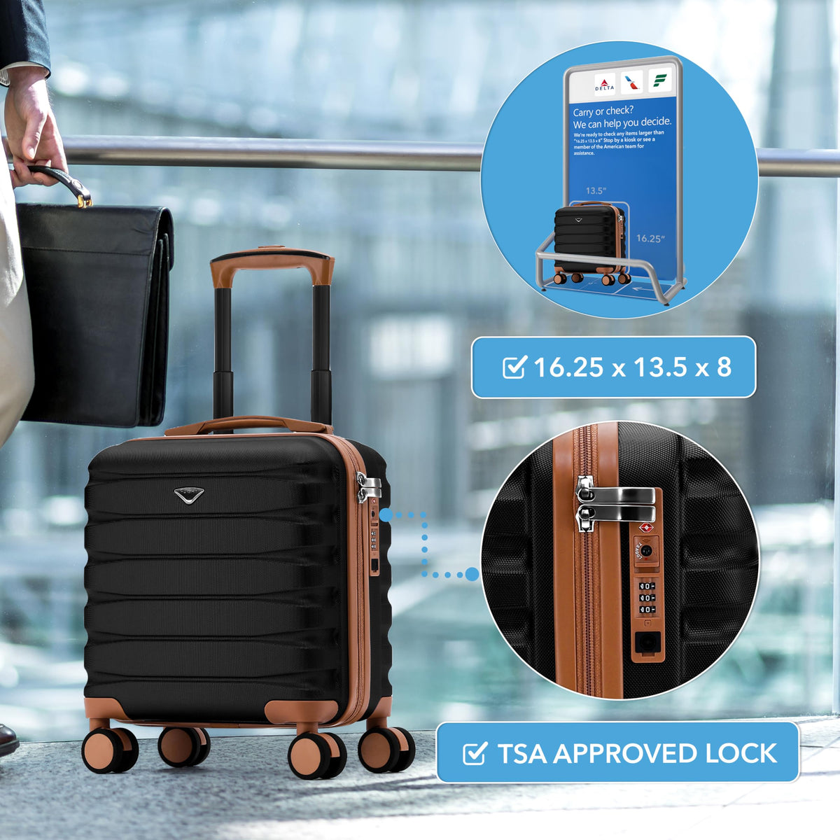 Flight Knight Carry On Suitcase 16.25x13.5x8 Hardside TSA Lock USB Port Lightweight Luggage Silent Double Spinner Wheels Maximum Underseat Carry-On Bag For Virgin South West Approved Black/Tan