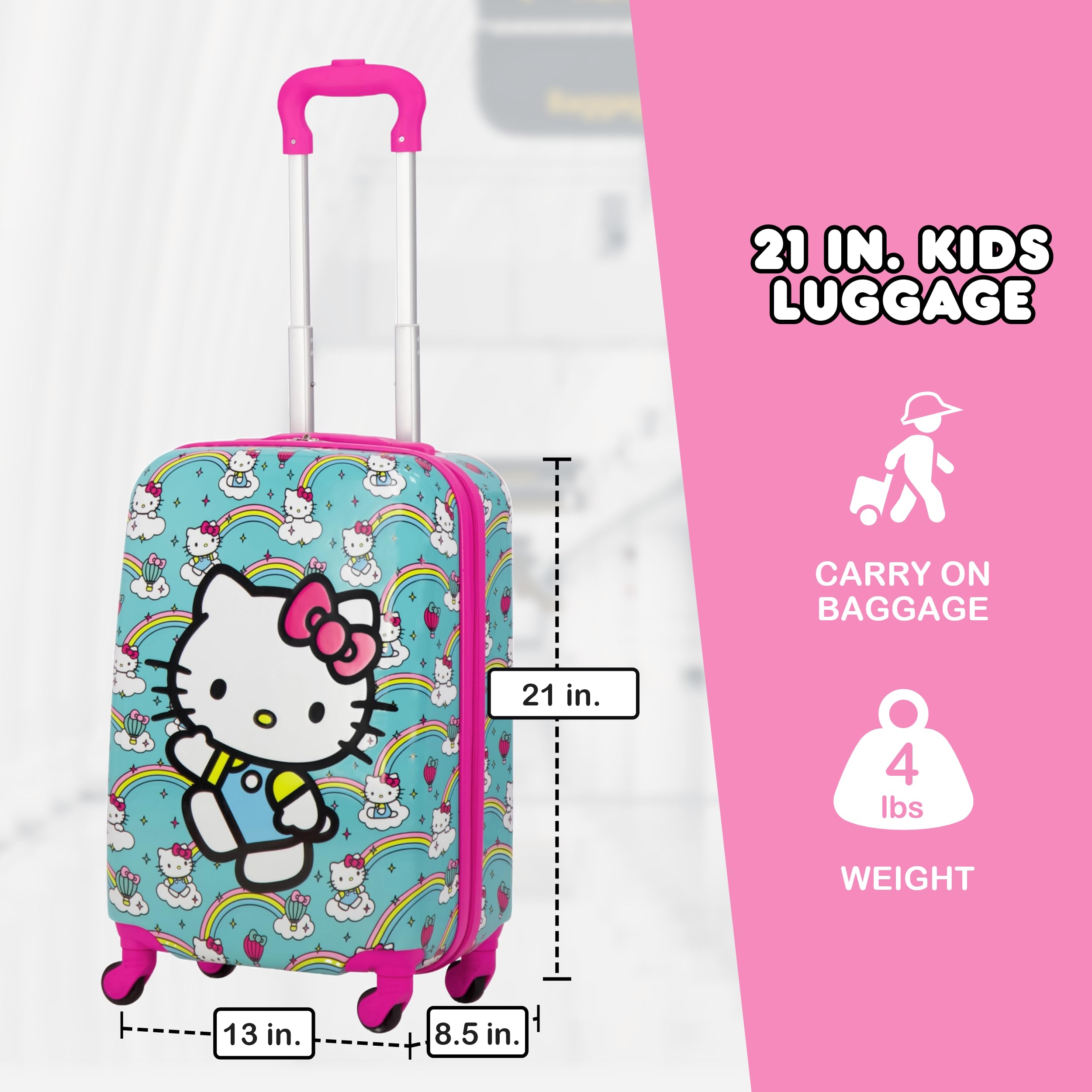 FUL Hello Kitty 21 Inch Kids Carry On Luggage, Hardshell Rolling Suitcase with Spinner Wheels, Multi