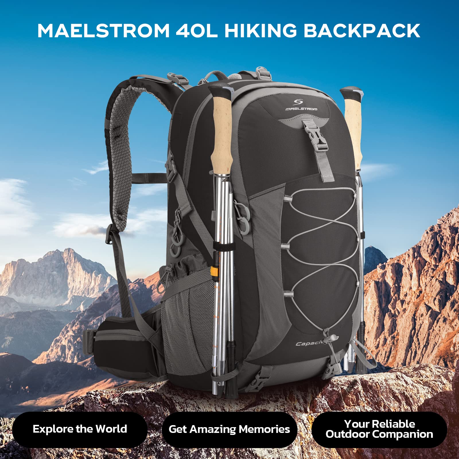 Maelstrom Hiking Backpack,Camping Backpack,40L Waterproof Hiking Daypack with Rain Cover,Lightweight Travel Backpack,Black