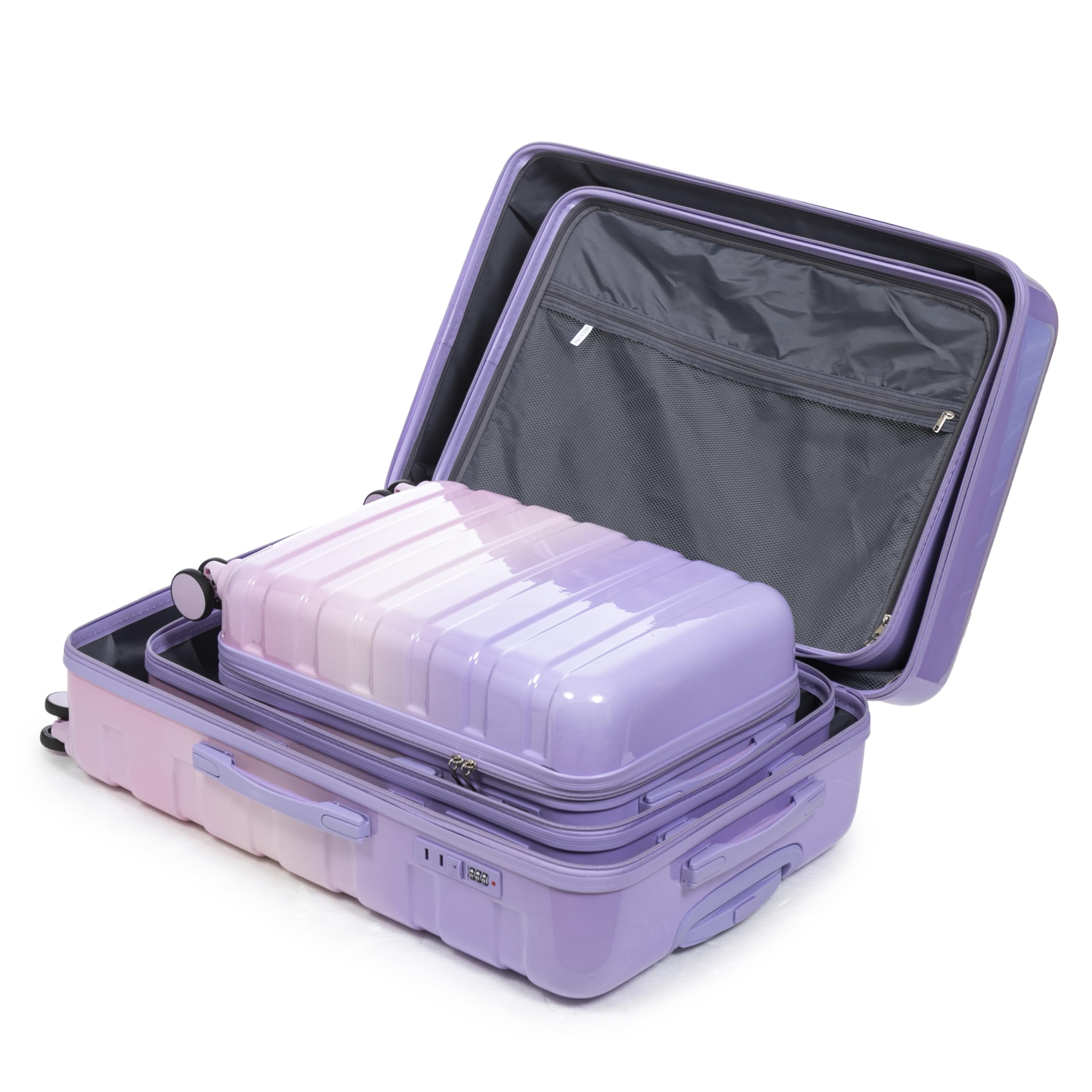 Zentrava Luggage Sets 3 Piece, Hardshell PC Luggage Set with Spinner Wheel, Lightweight Durable Carry on Suitcase with Gradient Color, Combination Lock for Men Women (Pink+Purple)
