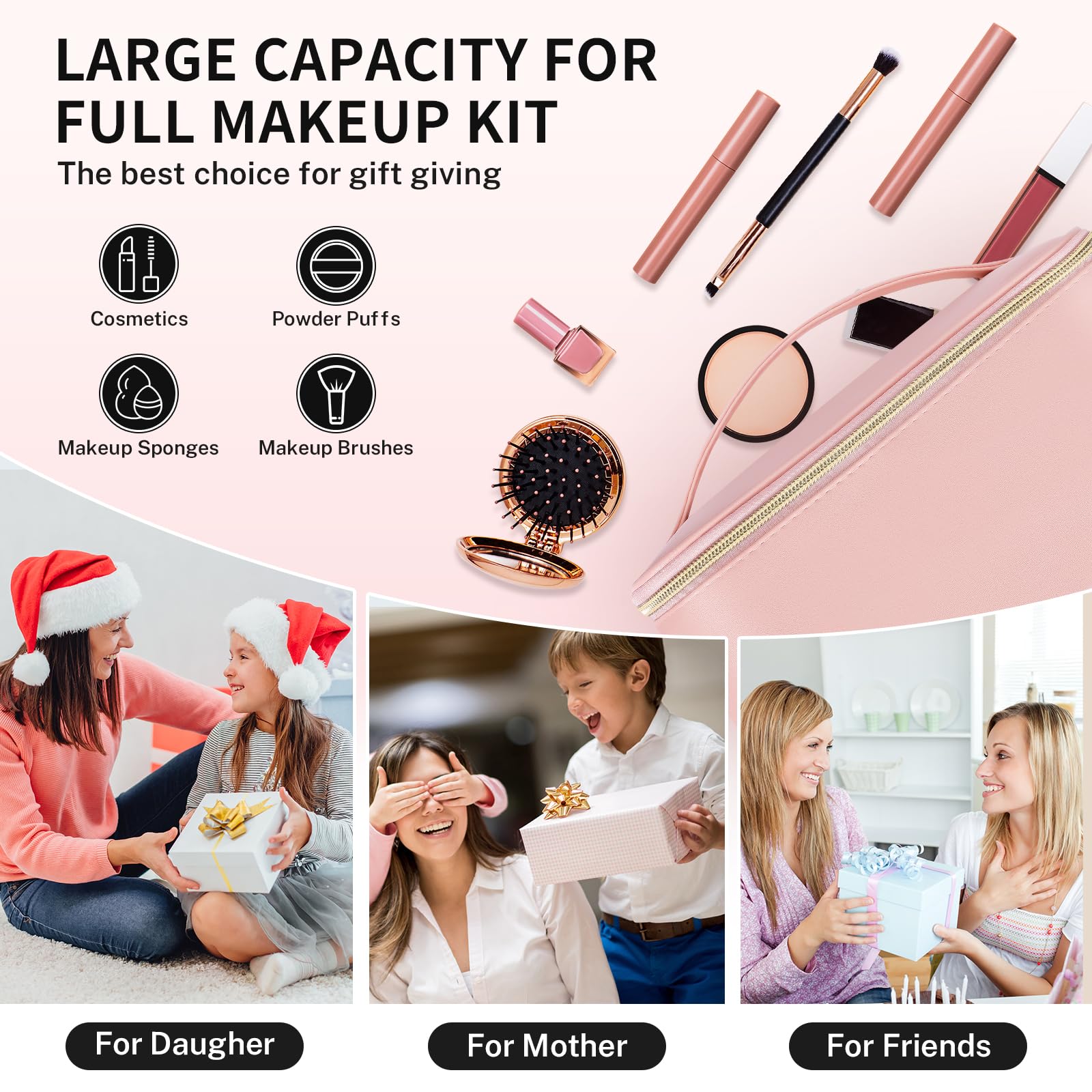 senbowe Travel Makeup Bag, Large Capacity Cosmetic Bags for Women,Portable Waterproof Leather Toiletry Bag Make Up Organizer Bag with Divider and Handle