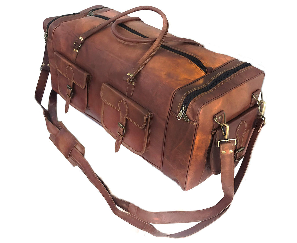 KK's 30 Inch Real Goat Vintage Leather Large Travel Duffel Luggage Handmade, Gym, Hiking vintage brown Holdall Carry All Genuine Duffel Bag, Size 30" Inch