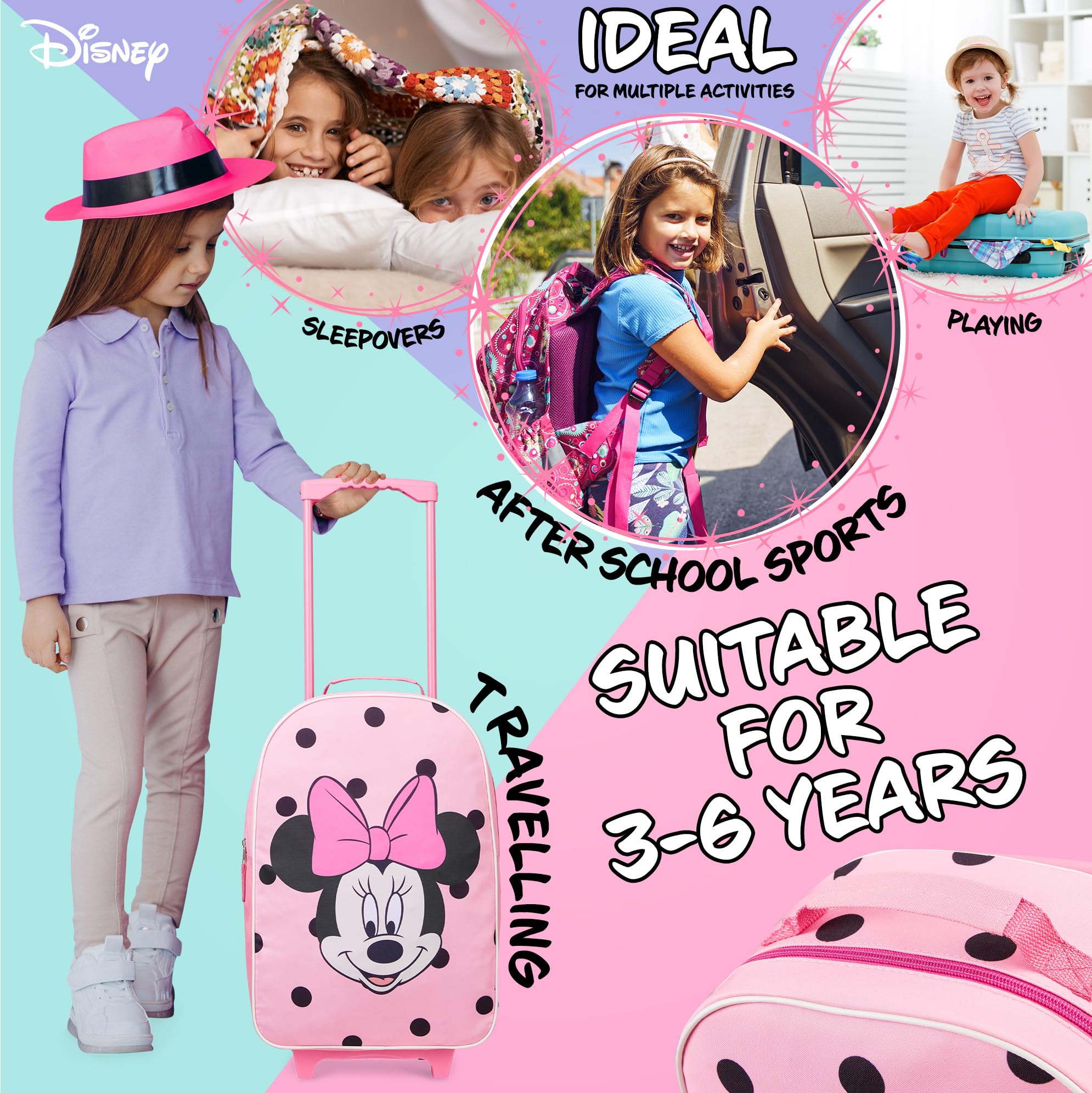 Disney Kids Rolling Luggage 16×11 in, 16‑L Carry‑On Suitcase with Wheels, Foldable Lightweight Travel Bag, Gifts for Kids (Pink Minnie)