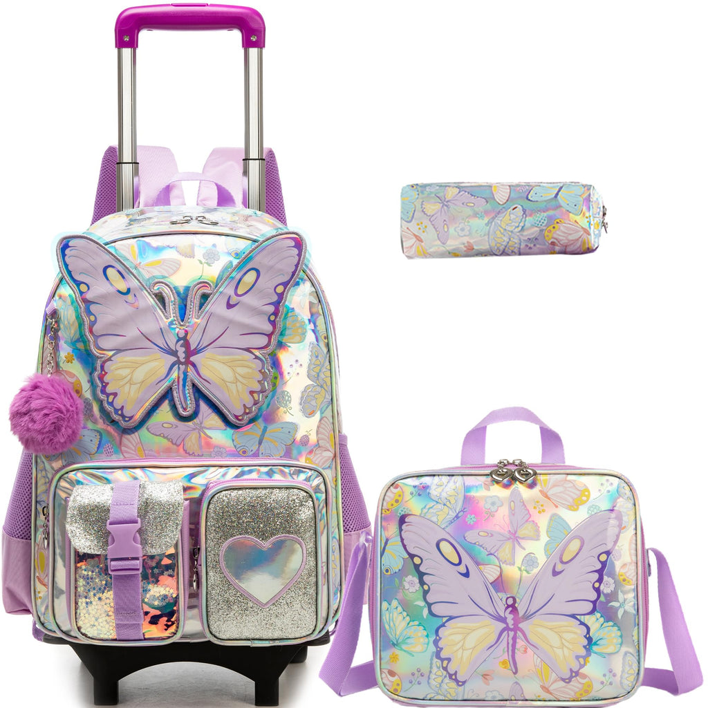 Meetbelify Butterfly Rolling Backpack for Girls Backpack with Wheels for Elementary Student Kids Luggage Travel Suitcase for Girls Ages 6-8