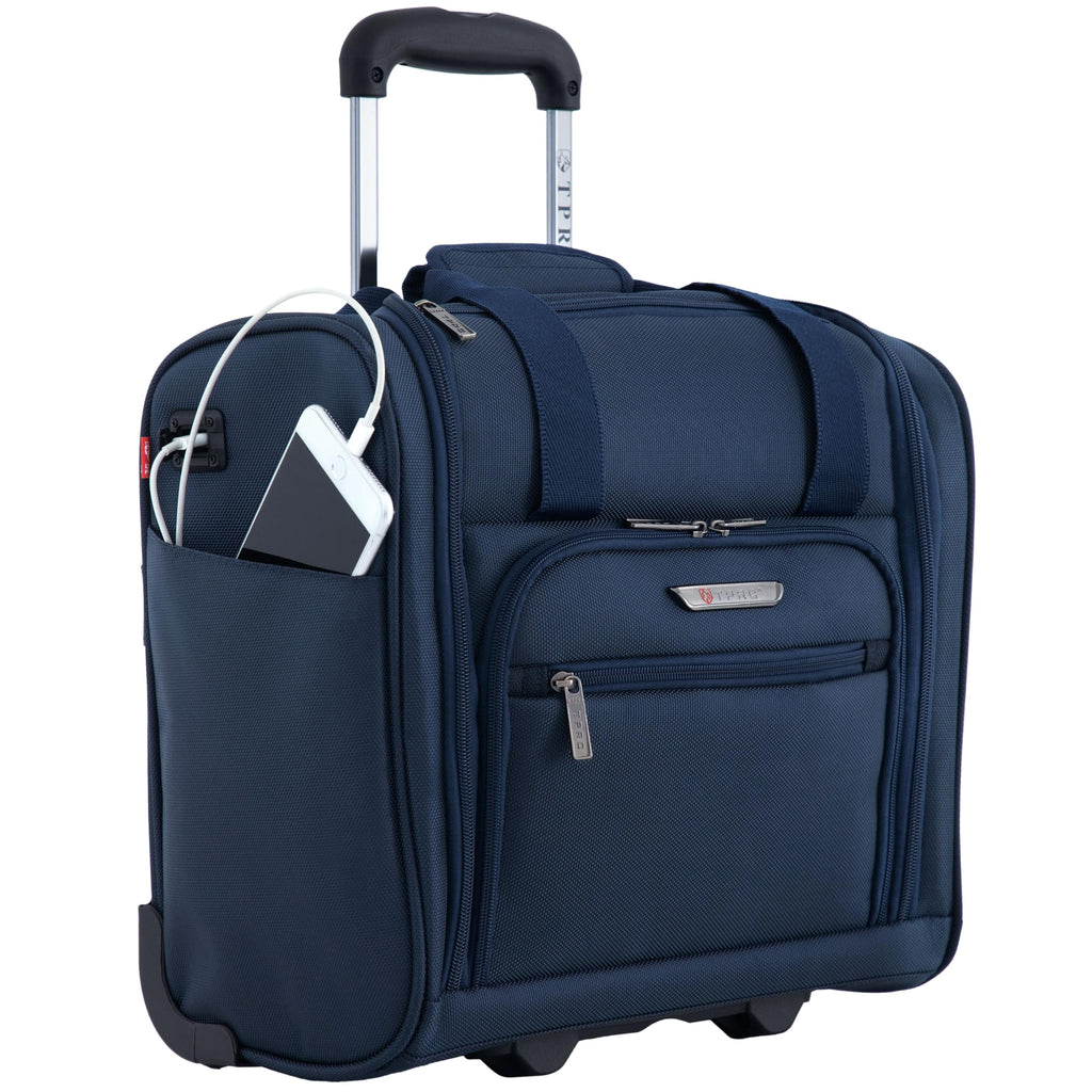 TPRC 15" Smart Underseat Carry-On Luggage with USB Charging Port, Navy Blue