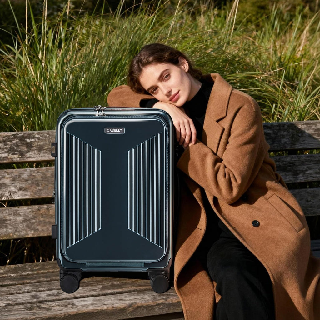 CASELLY Carry on Luggage Top opening Suitcases, Expandable with Cup Holder and USB Charging Port,Lightweight with Front Pocket Rolling Suitcases with Spinner Wheels