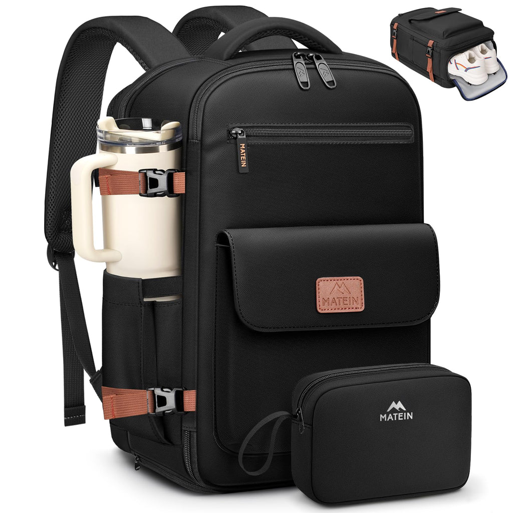MATEIN Anti Theft Personal Item Backpack 18x14x8, Underseat Travel Backpack with Water Bottle Holder Fit 15.6 Inch Laptop, TSA Approved Luggage Bag with Shoe Compartment for Spirit Airlines, 2 Pcs Set