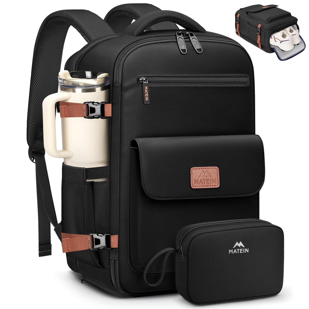 MATEIN Anti Theft Personal Item Backpack 18x14x8, Underseat Travel Backpack with Water Bottle Holder Fit 15.6 Inch Laptop, TSA Approved Luggage Bag with Shoe Compartment for Spirit Airlines, 2 Pcs Set