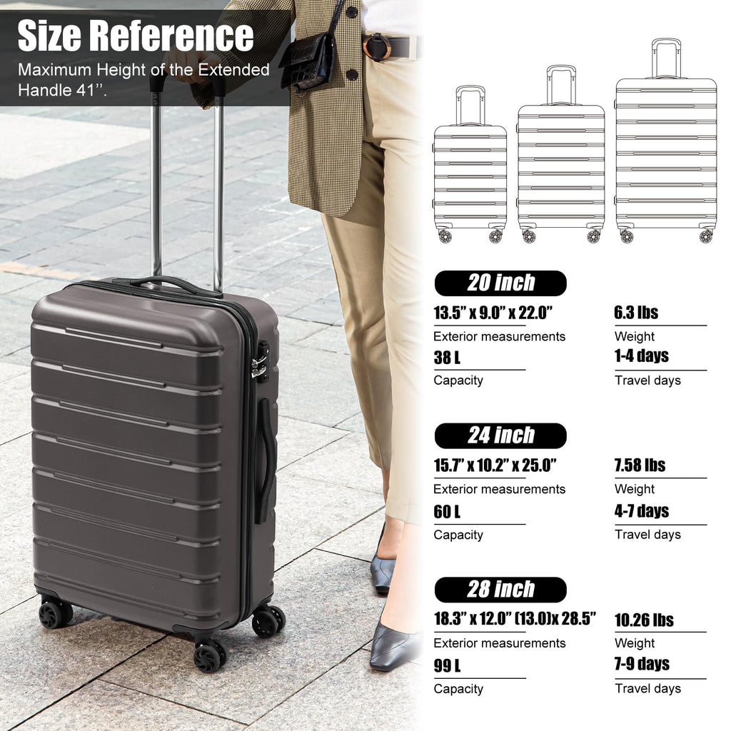 Coolife Luggage Suitcase Carry-on Spinner TSA Lock USB Port Expandable (only 28’’) Lightweight Hardside Luggage (Gray, S(20in_carry on))