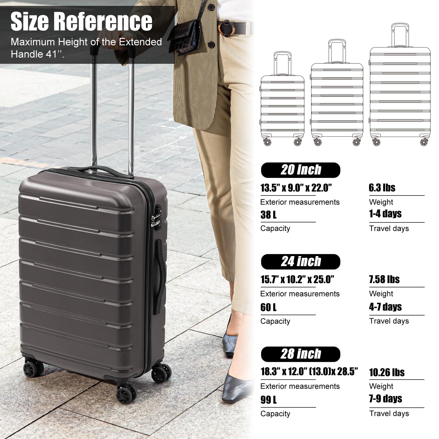Coolife Luggage Suitcase Carry-on Spinner TSA Lock USB Port Expandable (only 28’’) Lightweight Hardside Luggage (Gray, S(20in_carry on))