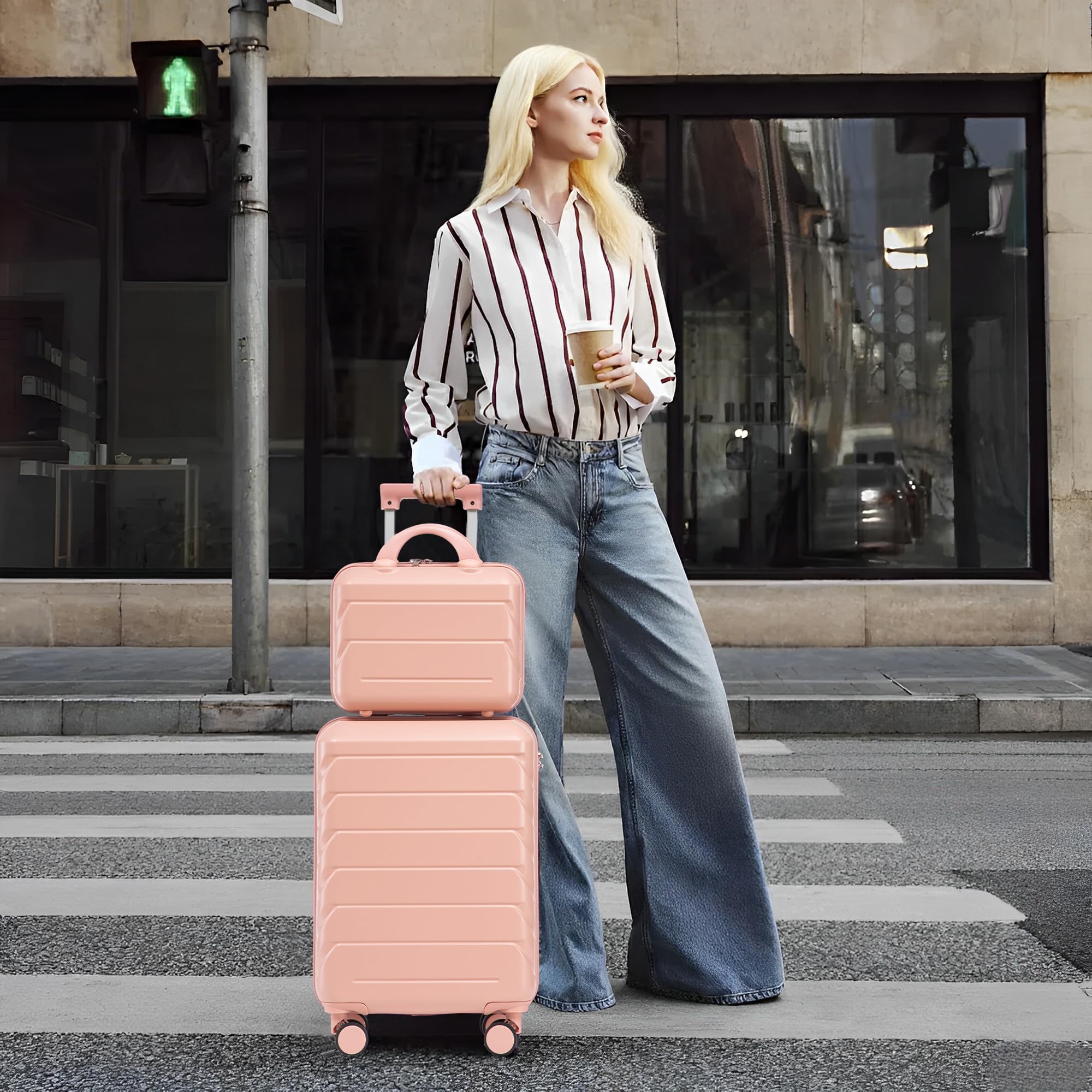 Clyrava 20 Inch Carry on Hardshell Luggage Sets of 2 Piece with Spinner Wheels and 14" Cosmetic Case, Pink Small Suitcases with Combination Lock, Checked Luggage for Travel Men/Women/Girls