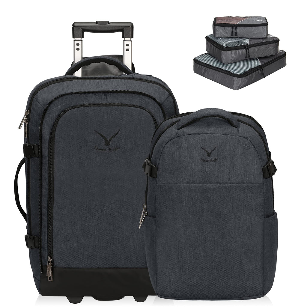 Hynes Eagle 2 in 1 Travel Backpack 22 inches Carry on Luggage 63L Rolling Backpack for Men Women with Packing Cubes 3PCS Set Gray Blue