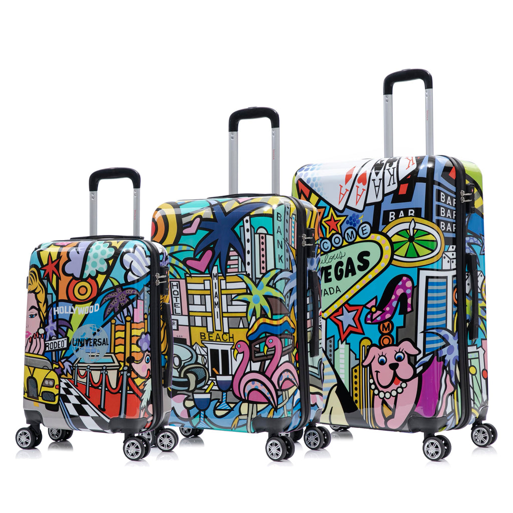 InUSA Cities Print Luggage with Spinner Wheels | Durable Lightweight Hardside Suitcase | Travel Bag with Handle and Trolley | (20in, 24in, 28in) 3 Piece Set