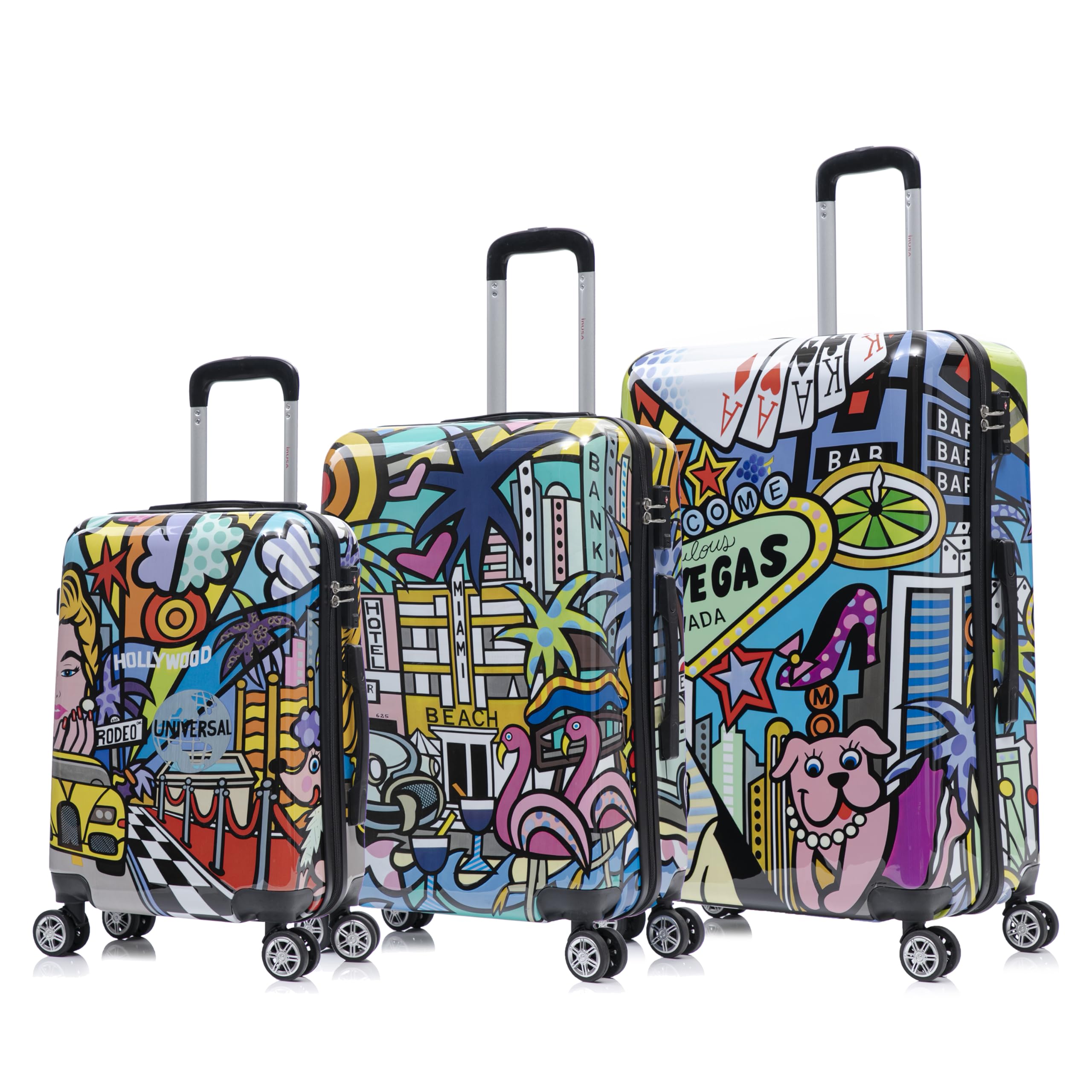 InUSA Cities Print Luggage with Spinner Wheels | Durable Lightweight Hardside Suitcase | Travel Bag with Handle and Trolley | (20in, 24in, 28in) 3 Piece Set