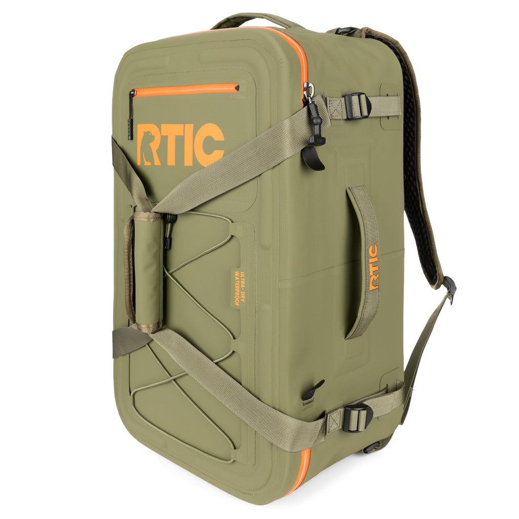 RTIC Ultra Dry Duffle Pack, Waterproof Outdoor Backpack Floating Bags for Hiking, Travel, Camping, Boating, Backpacking, 60L, Olive & Orange