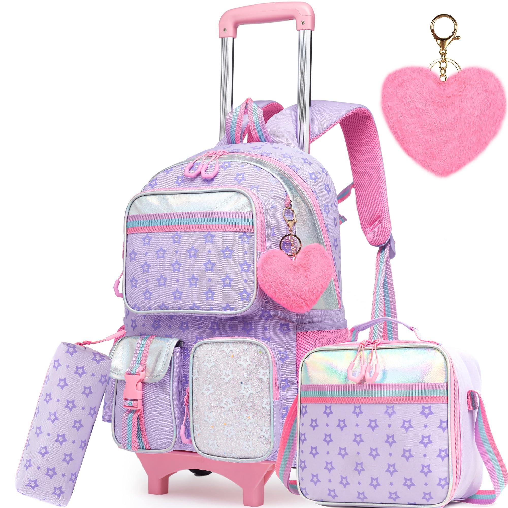 Meetbelify Girls Rolling Backpack with Wheels - Cute Kawaii Carry On Backpack for Elementary Students - Purple