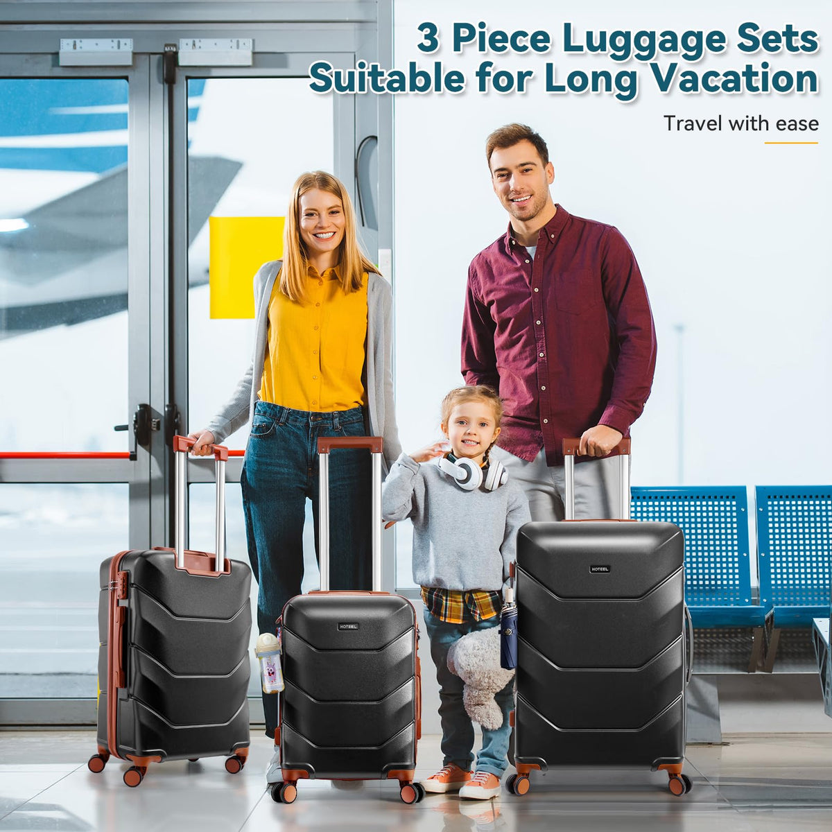 Hoteel Luggage Sets 3 Piece, 4-Year Warranty, Durable Suitcase Set with Spinner Wheels, ABS Hard Shell Lightweight Luggage with TSA Lock, Large Checked Travel Suitcases, Black(20/24/28)