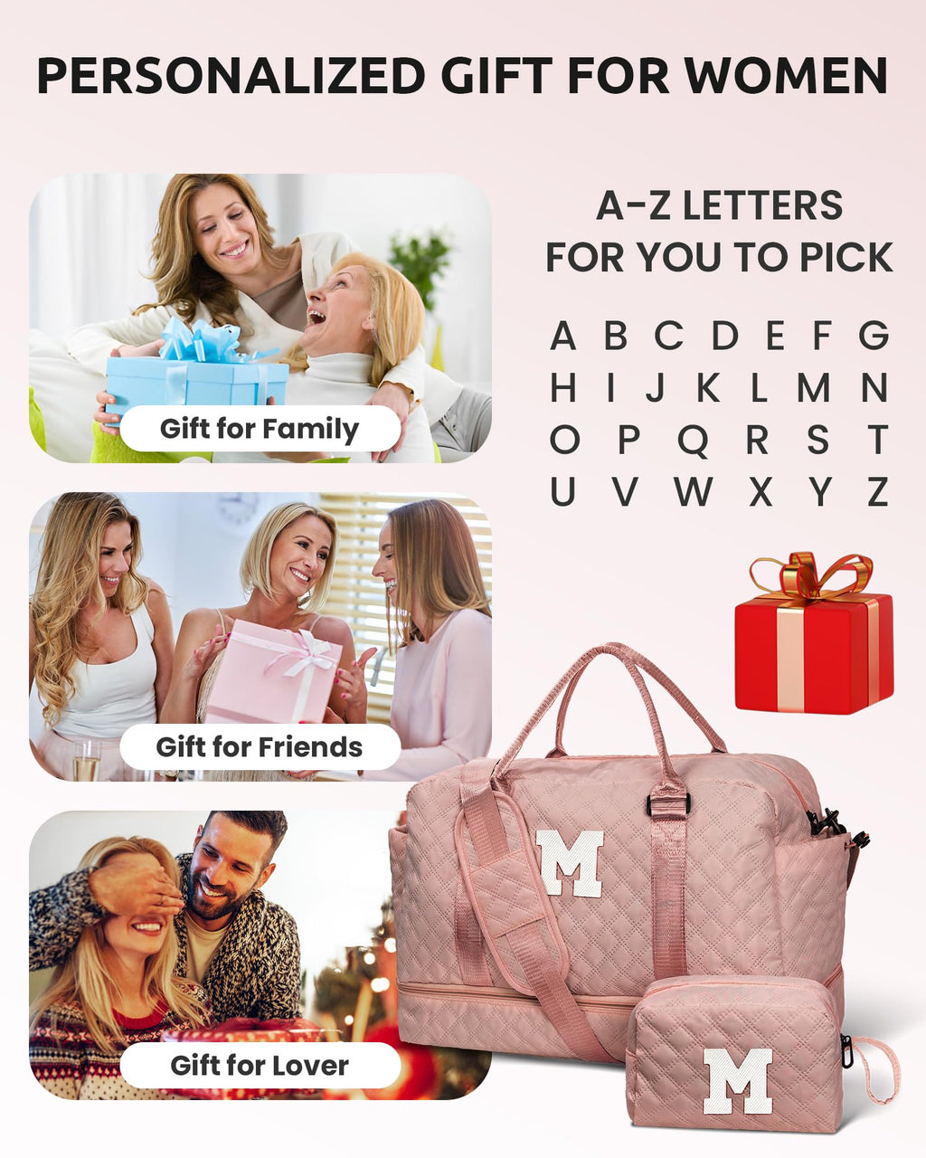 Vogewood Easter Basket Gifts for Women Gift-Birthday Gifts, Initial Duffle Bags with Shoe Compartment, Girls Weekender Bag, Overnight Bag for Women, Travel Bag with Makeup Pouch Gift for Mom(Letter A)