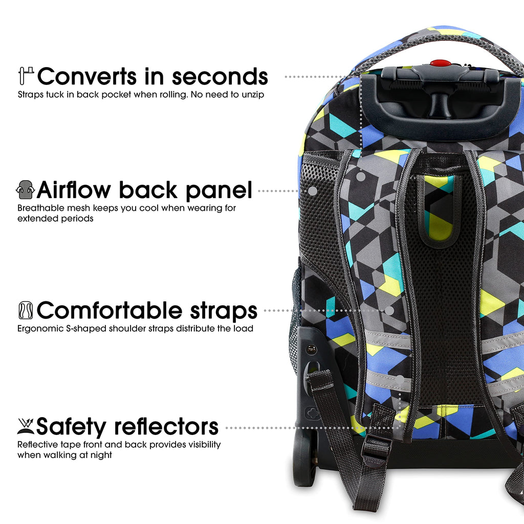 J World Sunrise Kids Rolling Backpack for Girls Boys. Roller Bookbag With Wheels For School, Cubes