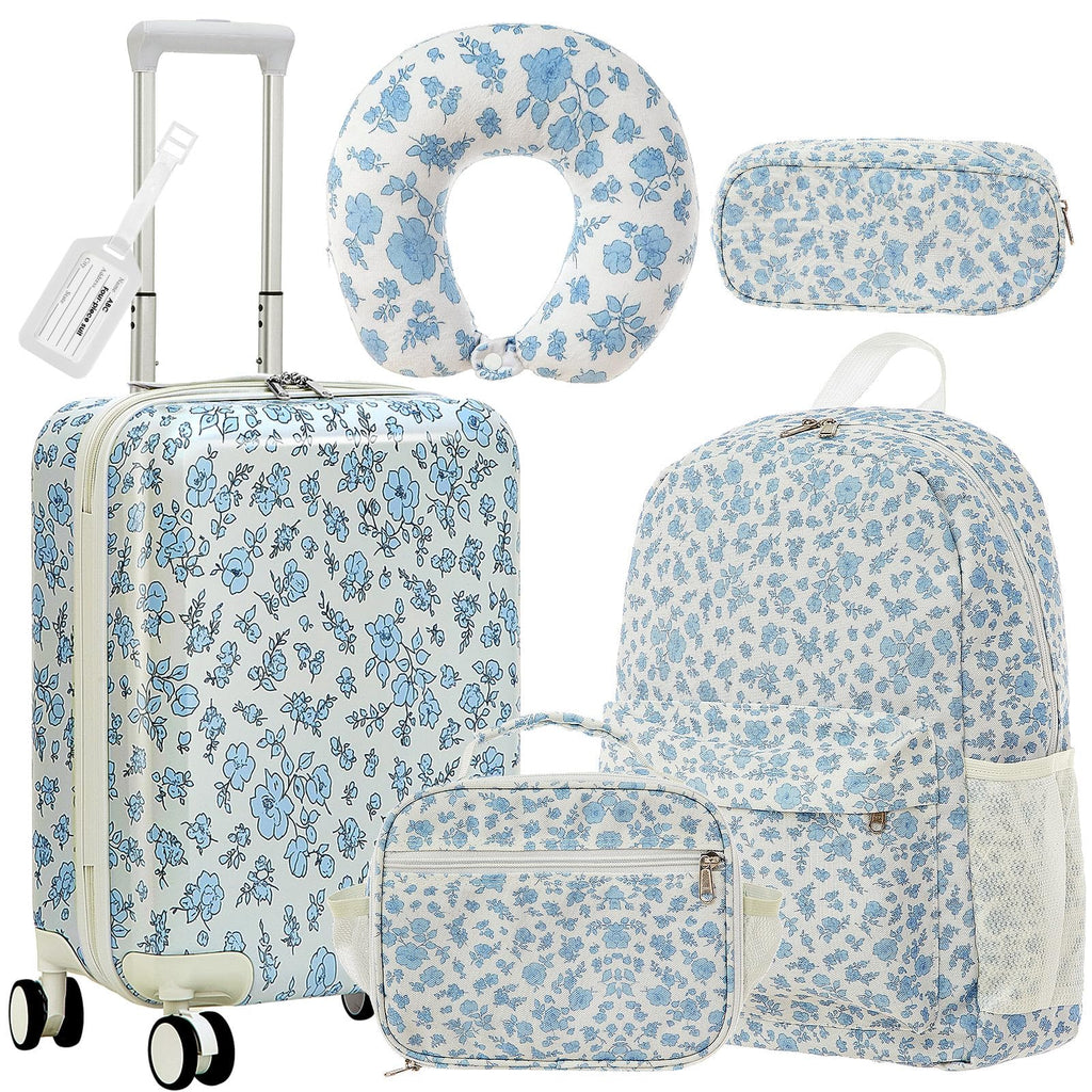 Redbaker 18 Inch 6 Pcs Kids Luggage Set Kids Rolling Luggage Double Pattern Suitcase for Boys Girls Gifts(Light Blue, Flower Style)
