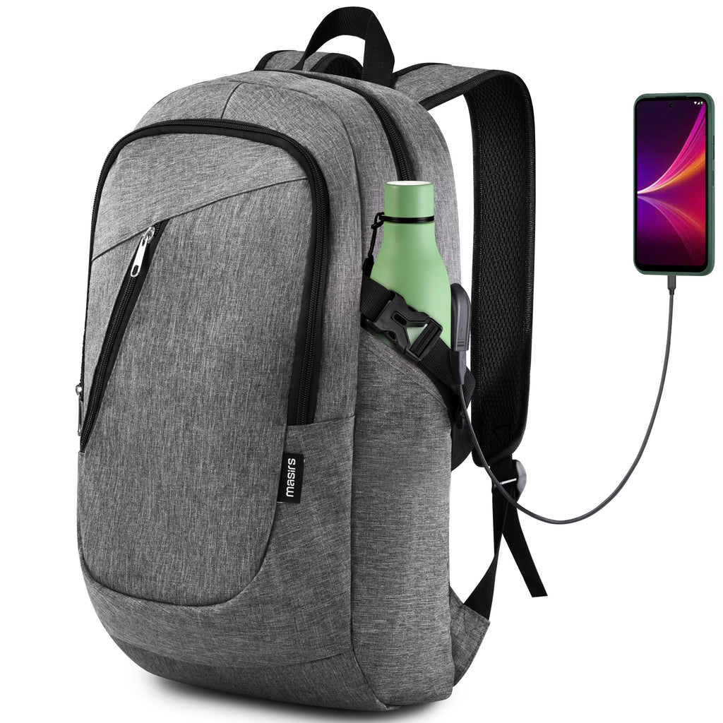 Masirs Laptop Travel Backpack - Adjustable Shoulder Straps, Zippered Compartments with Side Pockets for Water Bottle or Umbrella. Headset and USB Charging Port. Perfect for Business or Traveling.