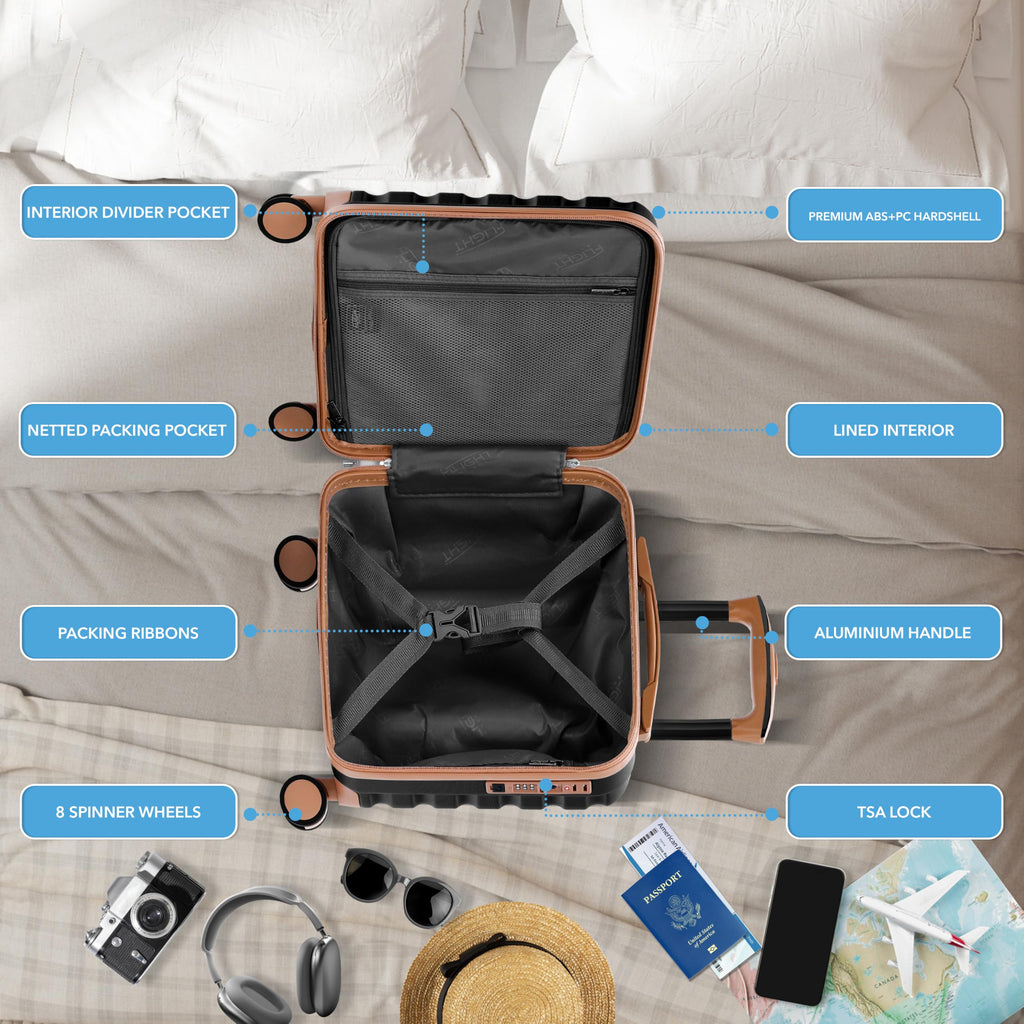 Flight Knight Carry On Suitcase 16.25x13.5x8 Hardside TSA Lock USB Port Lightweight Luggage Silent Double Spinner Wheels Maximum Underseat Carry-On Bag For Virgin South West Approved Black/Tan