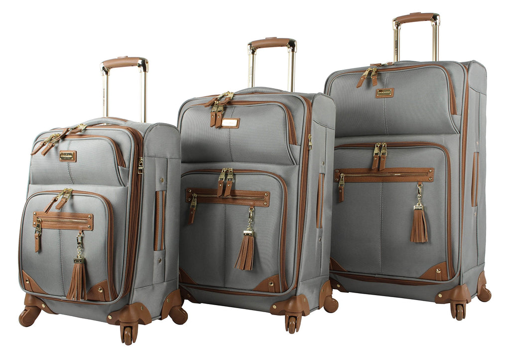 Steve Madden Designer Luggage Collection - 3 Piece Softside Expandable Lightweight Spinner Suitcase Set - Travel Set includes 20 Inch Carry on, 24 Inch & 28-Inch Checked Suitcases (Harlo Gray)