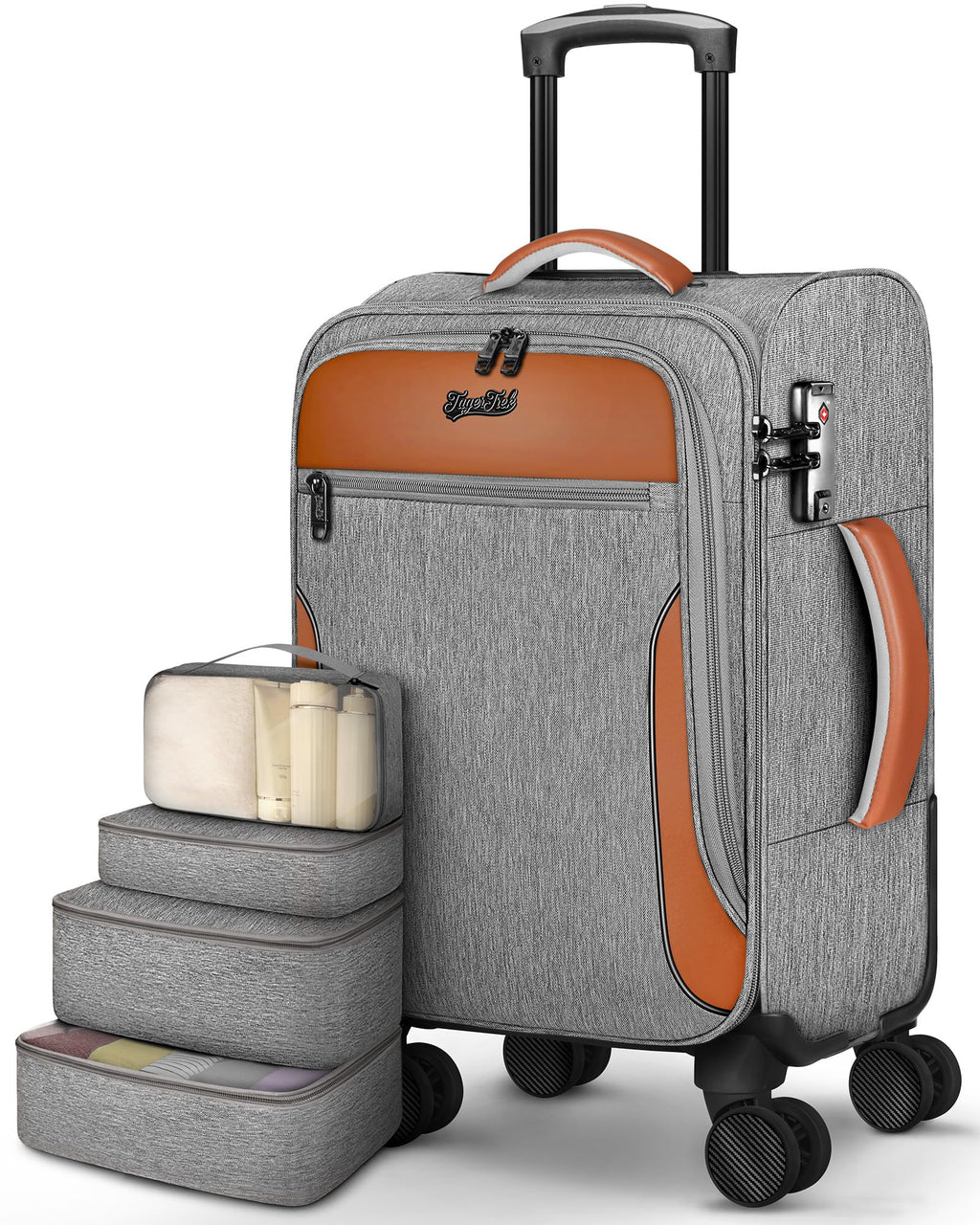 Carry On Luggage 22x14x9 Airline Approved, 20 Inch Softside Suitcase with 4 Pcs, Lightweight Luggage for Women Men with TSA Lock and 4 Spinner Wheels, Soft Side Carry-on Suitcases for Travel, Grey