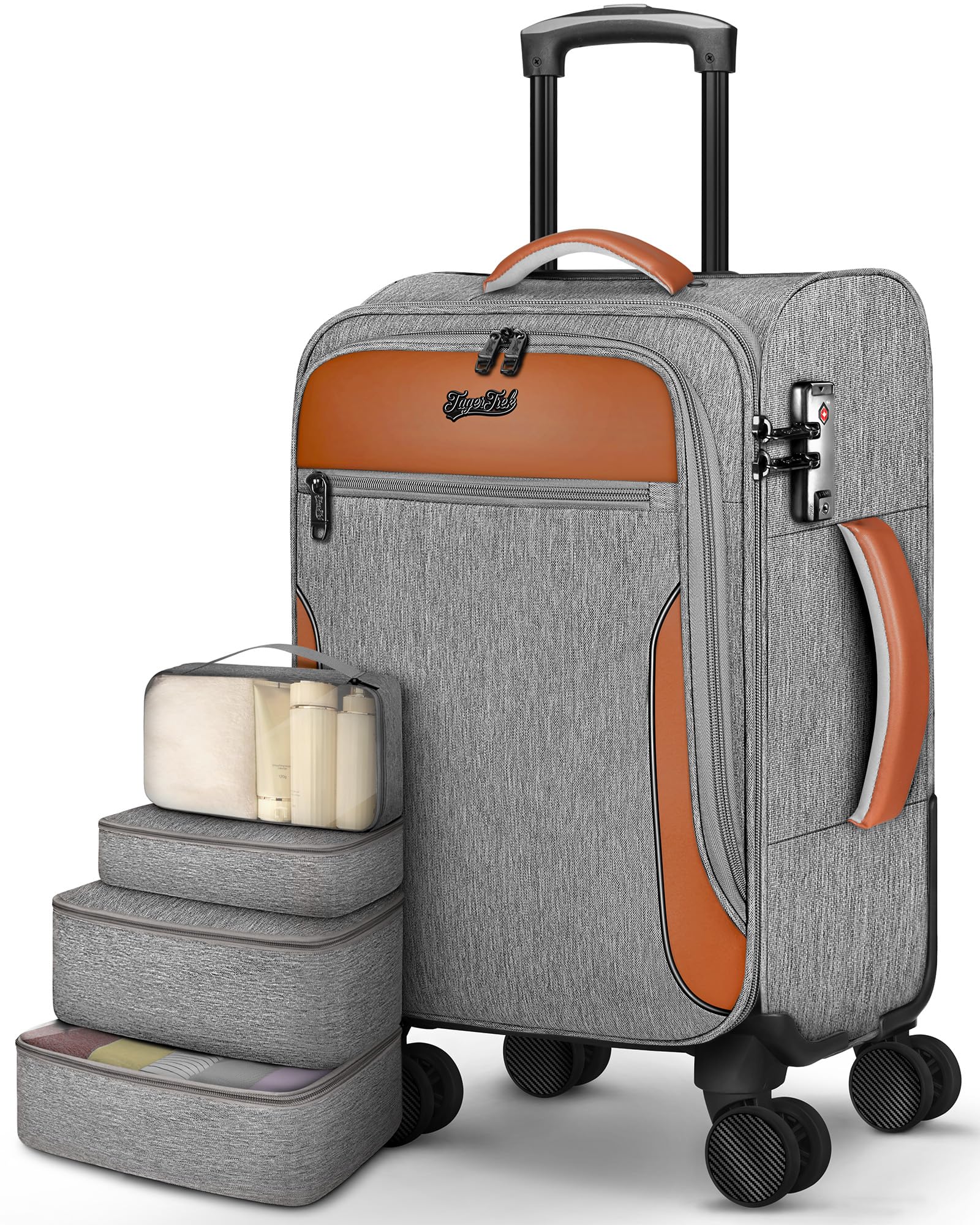 Carry On Luggage 22x14x9 Airline Approved, 20 Inch Softside Suitcase with 4 Pcs, Lightweight Luggage for Women Men with TSA Lock and 4 Spinner Wheels, Soft Side Carry-on Suitcases for Travel, Grey