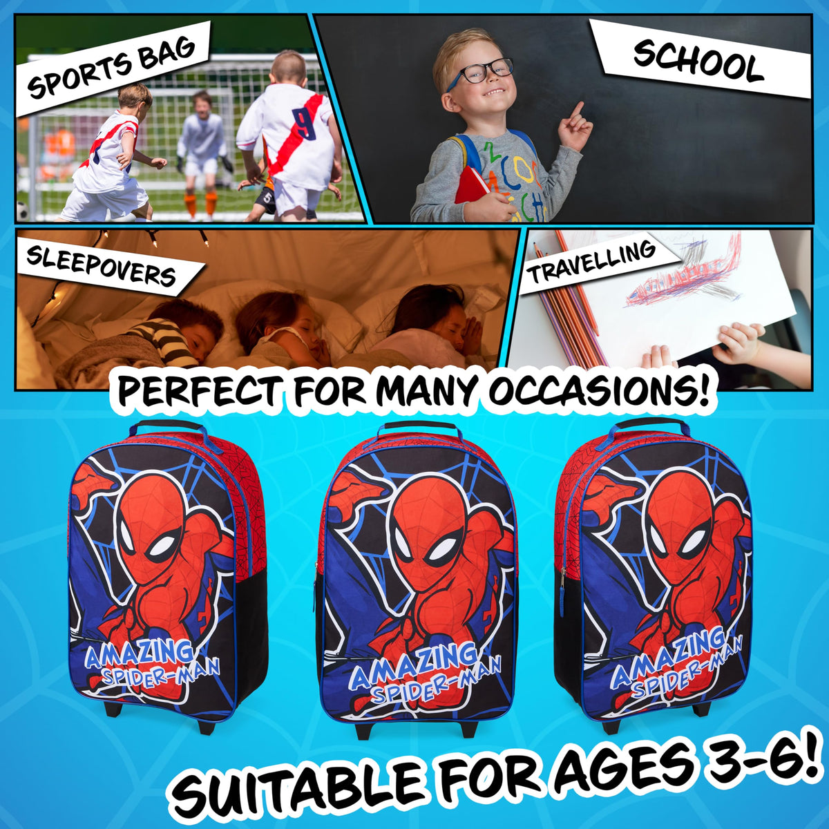 Marvel Avengers Spiderman Kids Suitcase Foldable Carry On Luggage with Wheels Lightweight Travel Trolley Bag for Vacations Trips Gifts for Boys (Multicolor Spiderman)