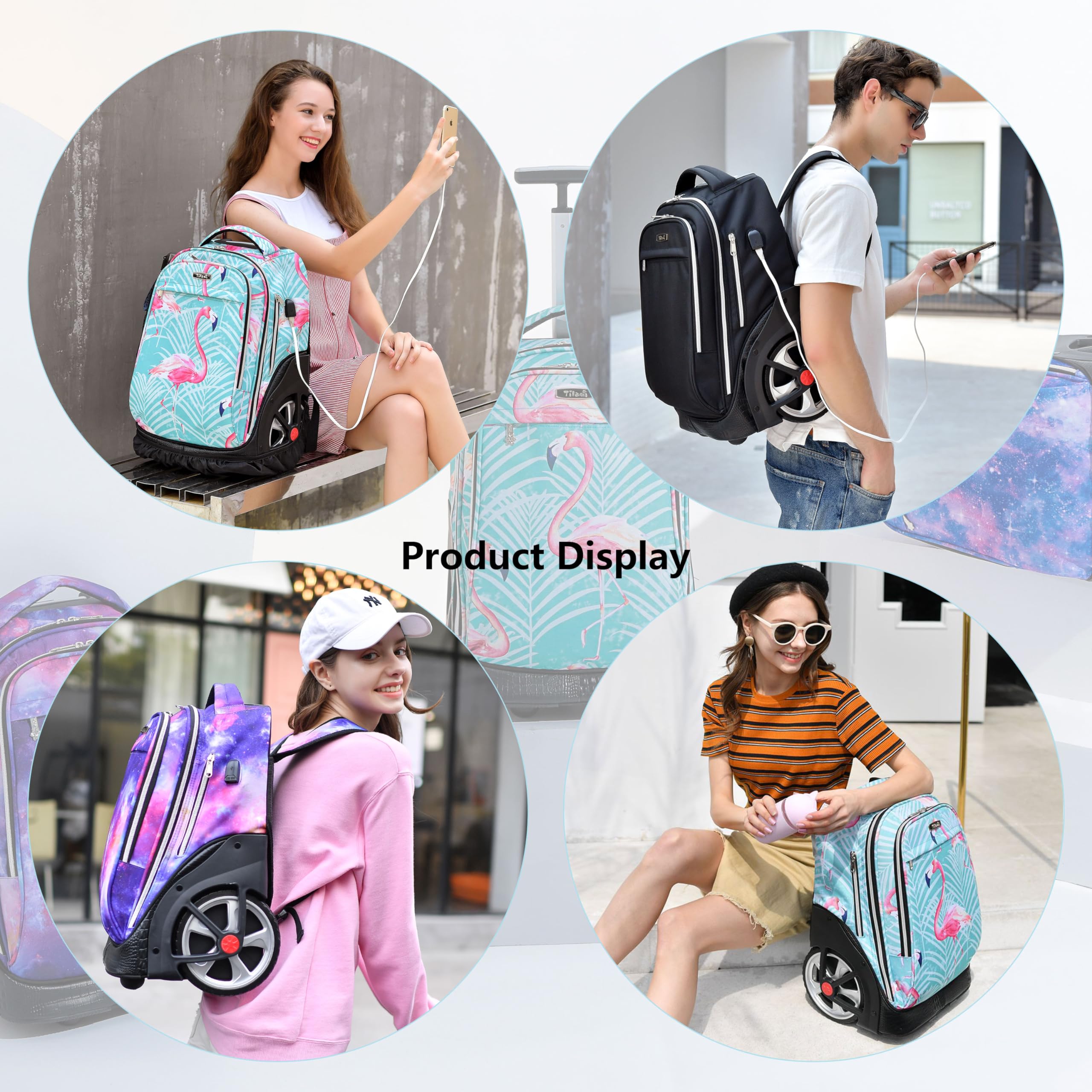 NEW TILAMI 19 inch Rolling Backpack Teens Rolling Backpack Cute Wheeled Laptop Backpack Bookbag Roller Travel Bag College, Navy Blue
