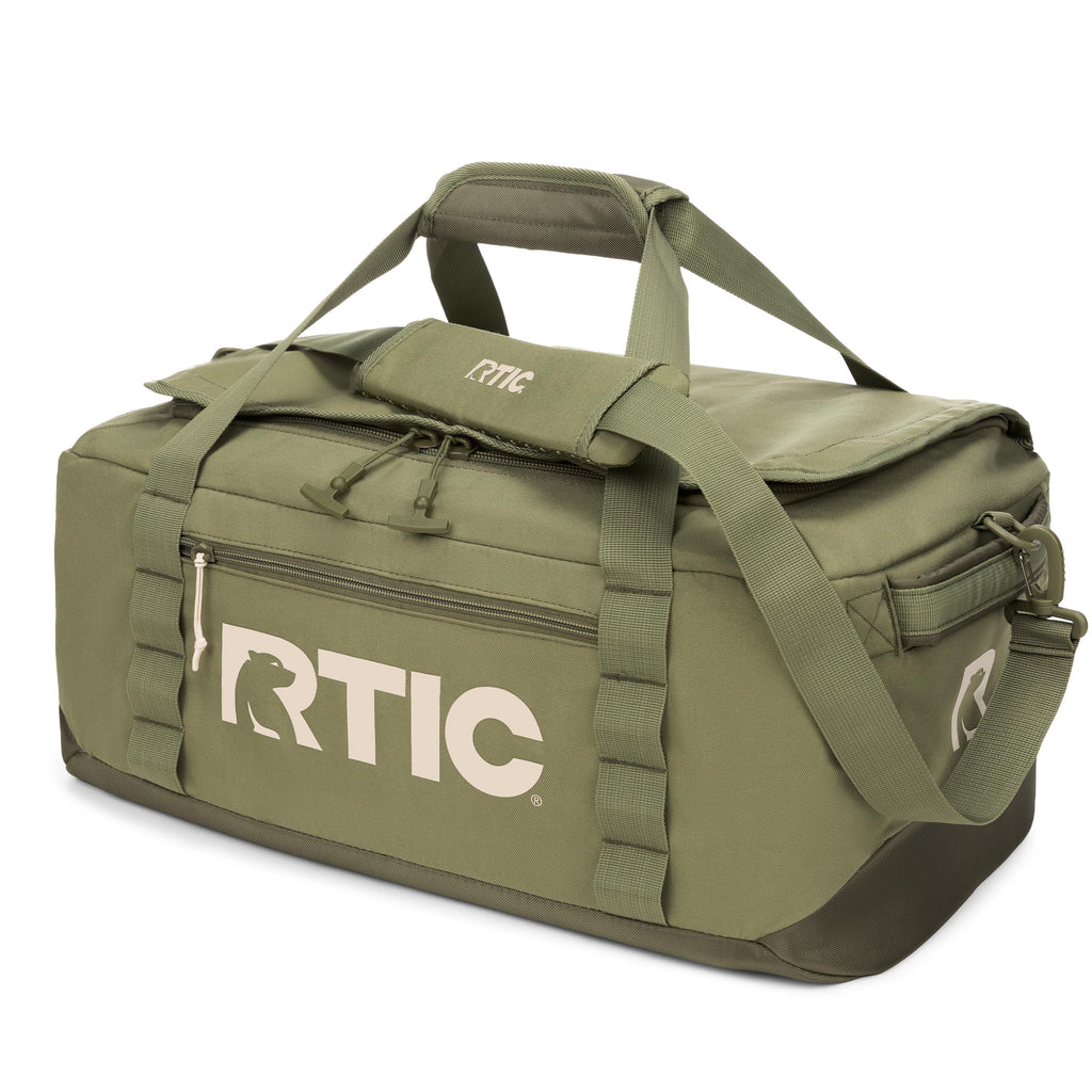RTIC Road Trip Duffle Bag for Men and Women, Traveling Tote for Camp, Travel, Gym, Weekender, Camping, Overnight, Carry On, Sports, Spacious, Water Resistant, Medium, Olive & Beach