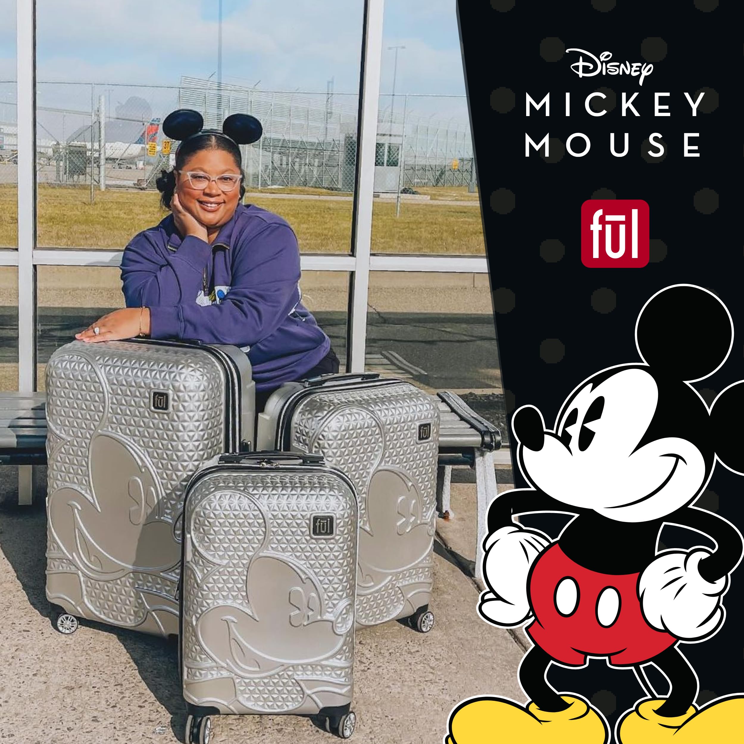 FUL Disney Mickey Mouse 21 Inch Carry On Luggage, Hardside Rolling Suitcase with Spinner Wheels, Silver