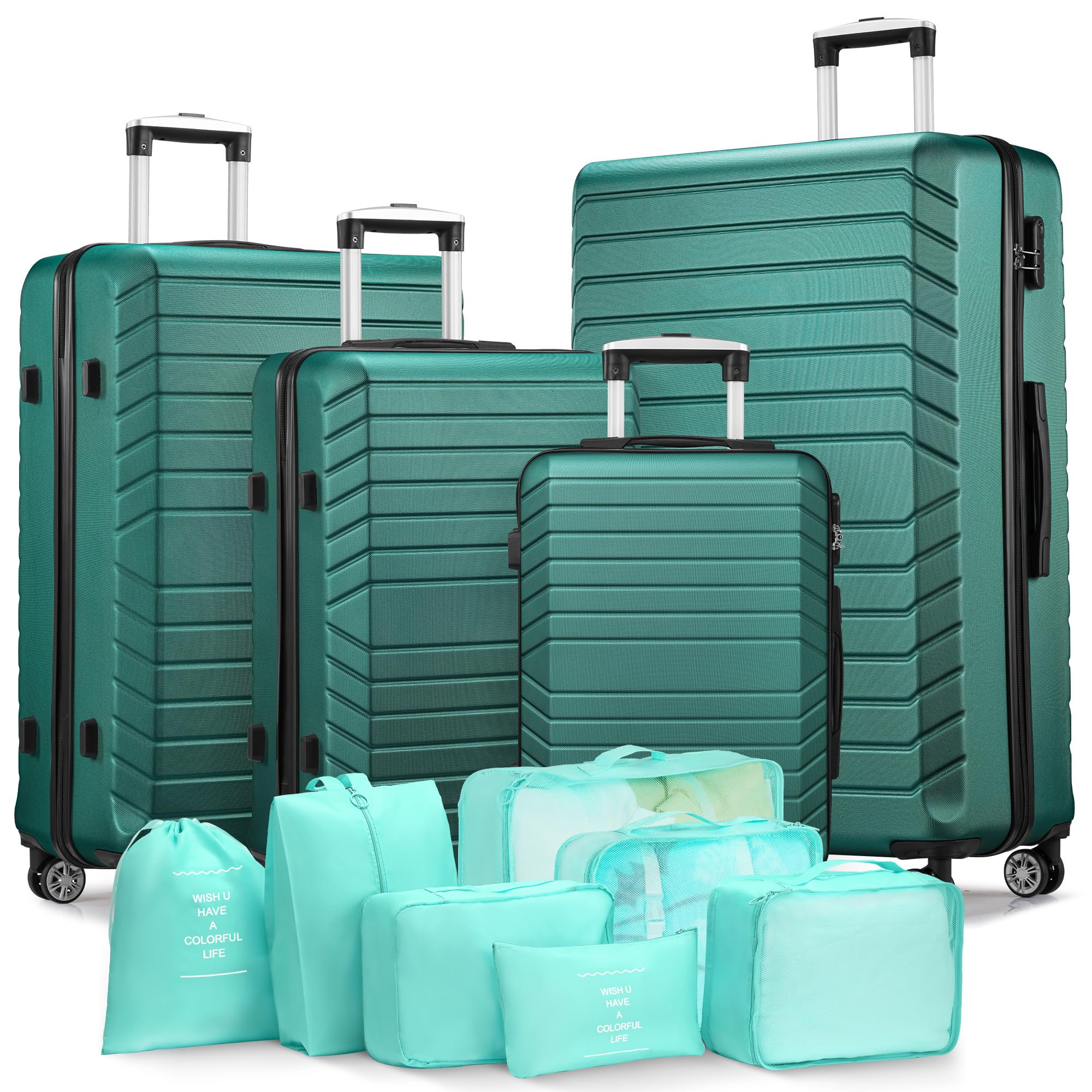 11 Piece Travel Luggage Sets, 4 Piece Hardshell Suitcase with Wheels, 20inch Carry on Luggage, 24inch 28inch 32inch Checked Luggage with 7PC Organizer Bags