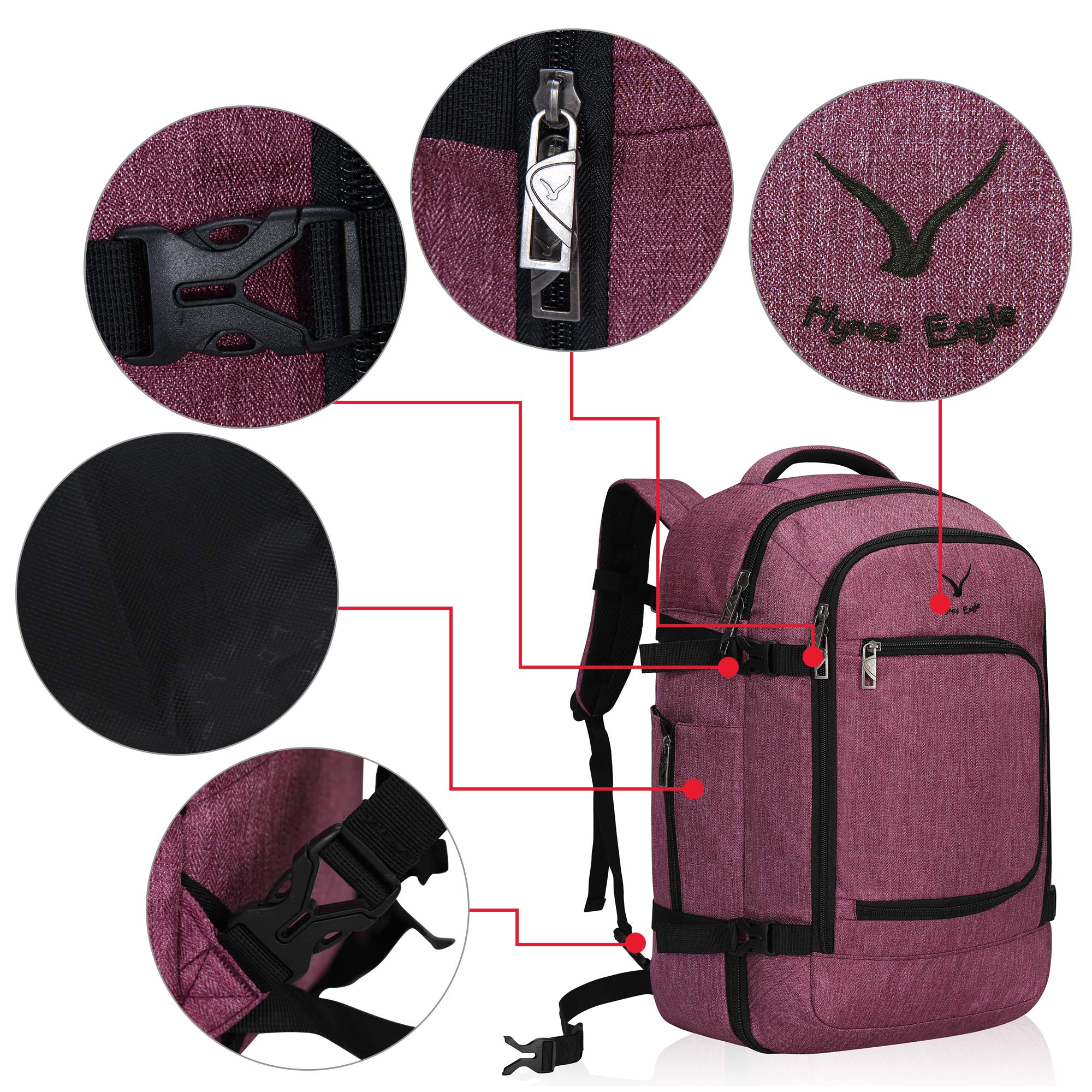 Hynes Eagle Travel Backpack 40L Flight Approved Carry on Backpack, Red Violet with Red Violet 3PCS Packing Cubes 2018