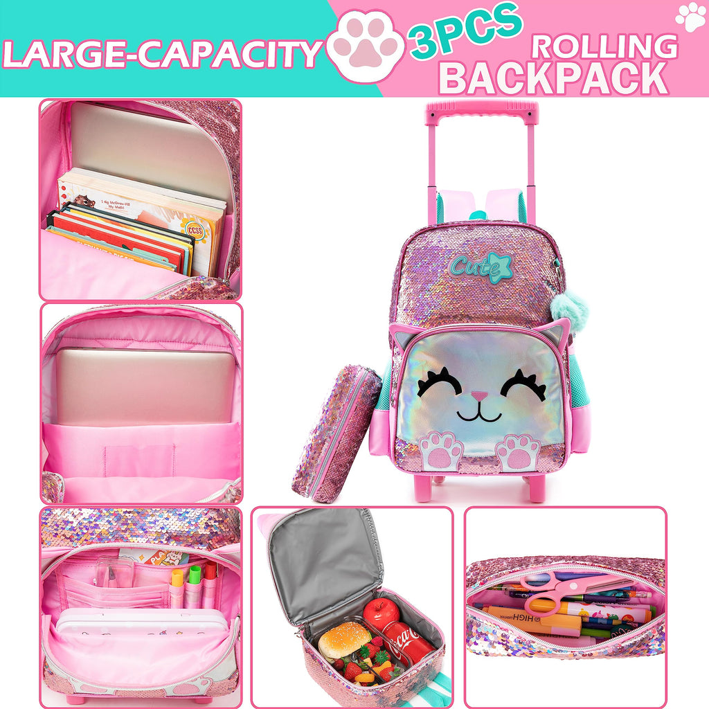Meetbelify Cute Cat Rolling Backpack for Girls, Pink, 17"X11.8"X6.7", with Laptop Sleeve, Lunch Box, Pencil Case, and Pendant