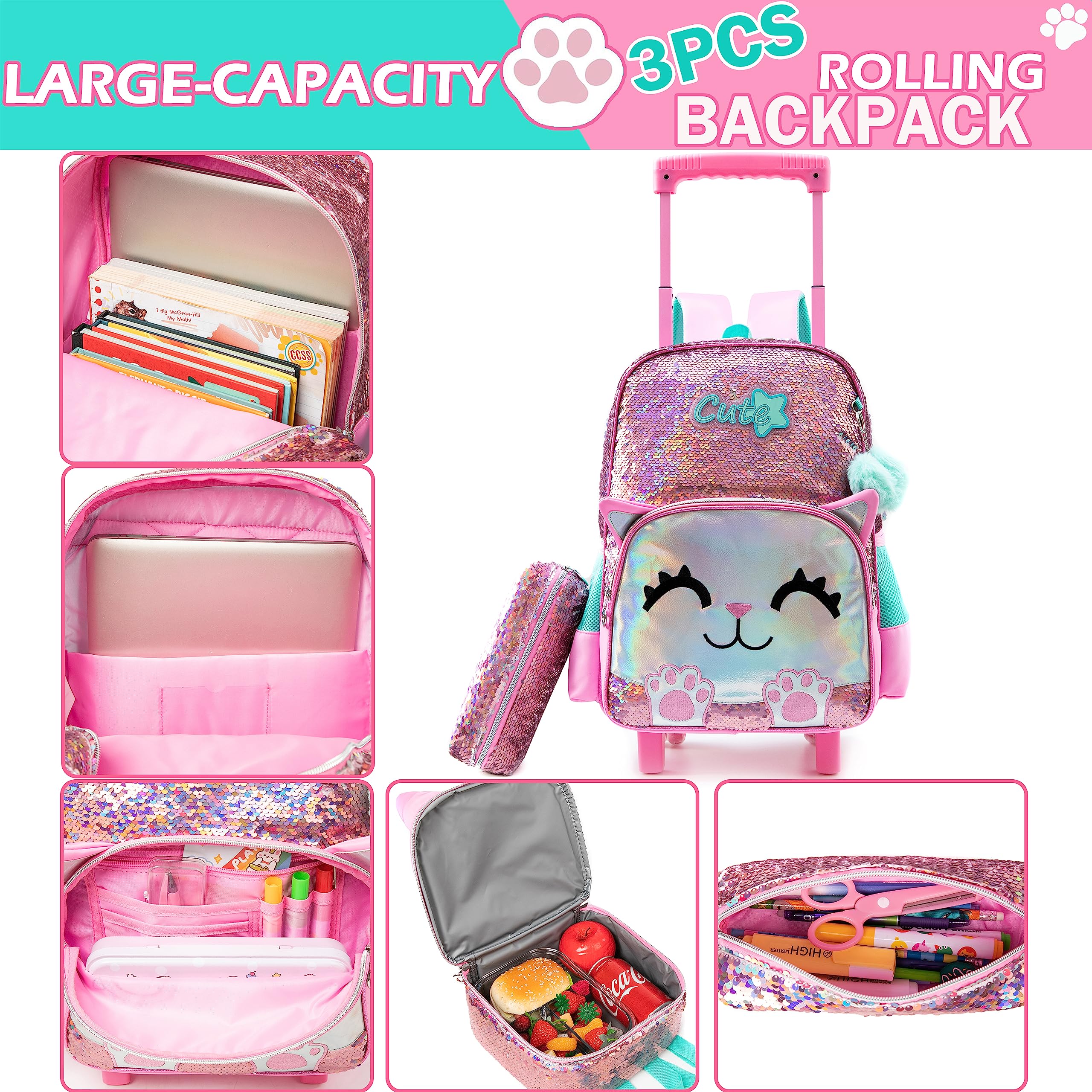 Meetbelify Cute Cat Rolling Backpack for Girls, Pink, 17"X11.8"X6.7", with Laptop Sleeve, Lunch Box, Pencil Case, and Pendant