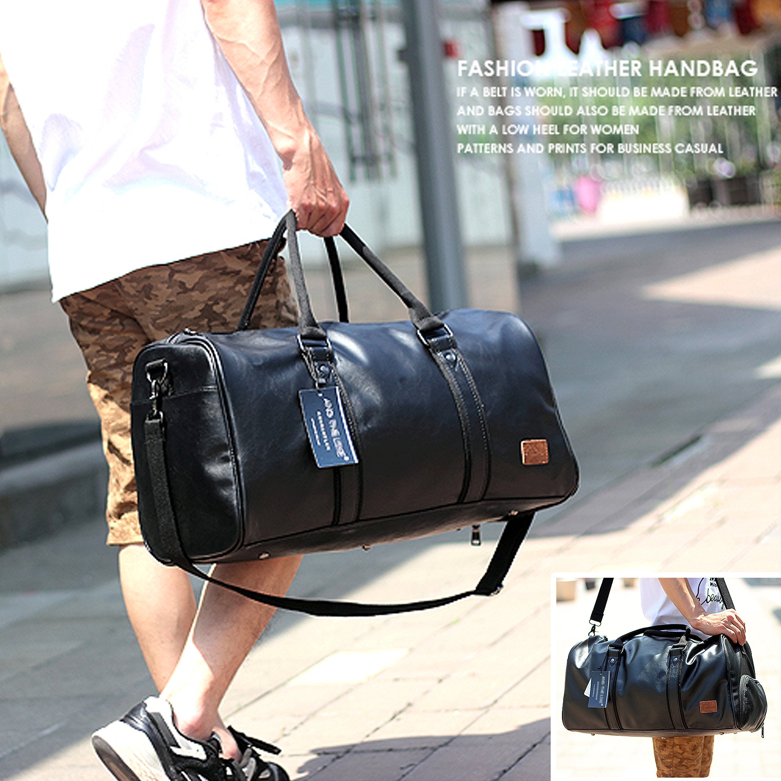 Leather Travel Bag with Shoe Pouch, Waterproof Weekender Overnight Bag, Carry On Duffel Bag for Men Women-Black