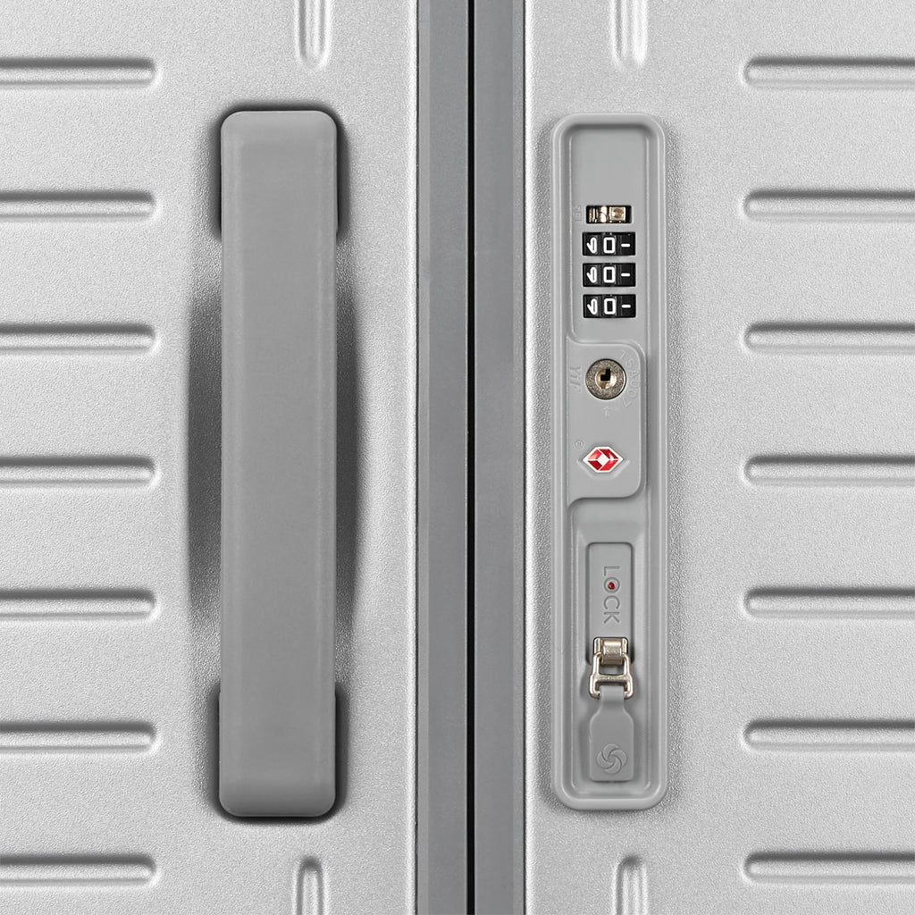 Framelock Max 21” Carry-On Hardshell Zipperless Luggage - Highly Secure Integrated Eazylock™ Mechanism - RightHeight™ Adjustable Handle System - 360° Spinner Wheels - Airline Approved - Glacial Silver