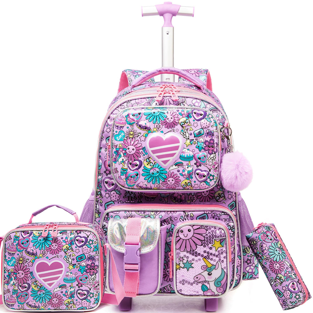 Meetbelify Kids Rolling Backpack with Wheels for Girls Rolling Backpacks with Lunch Box for Elementary School Students 3 in 1 Travel Luggage Suitcase for Girls Age 8-10
