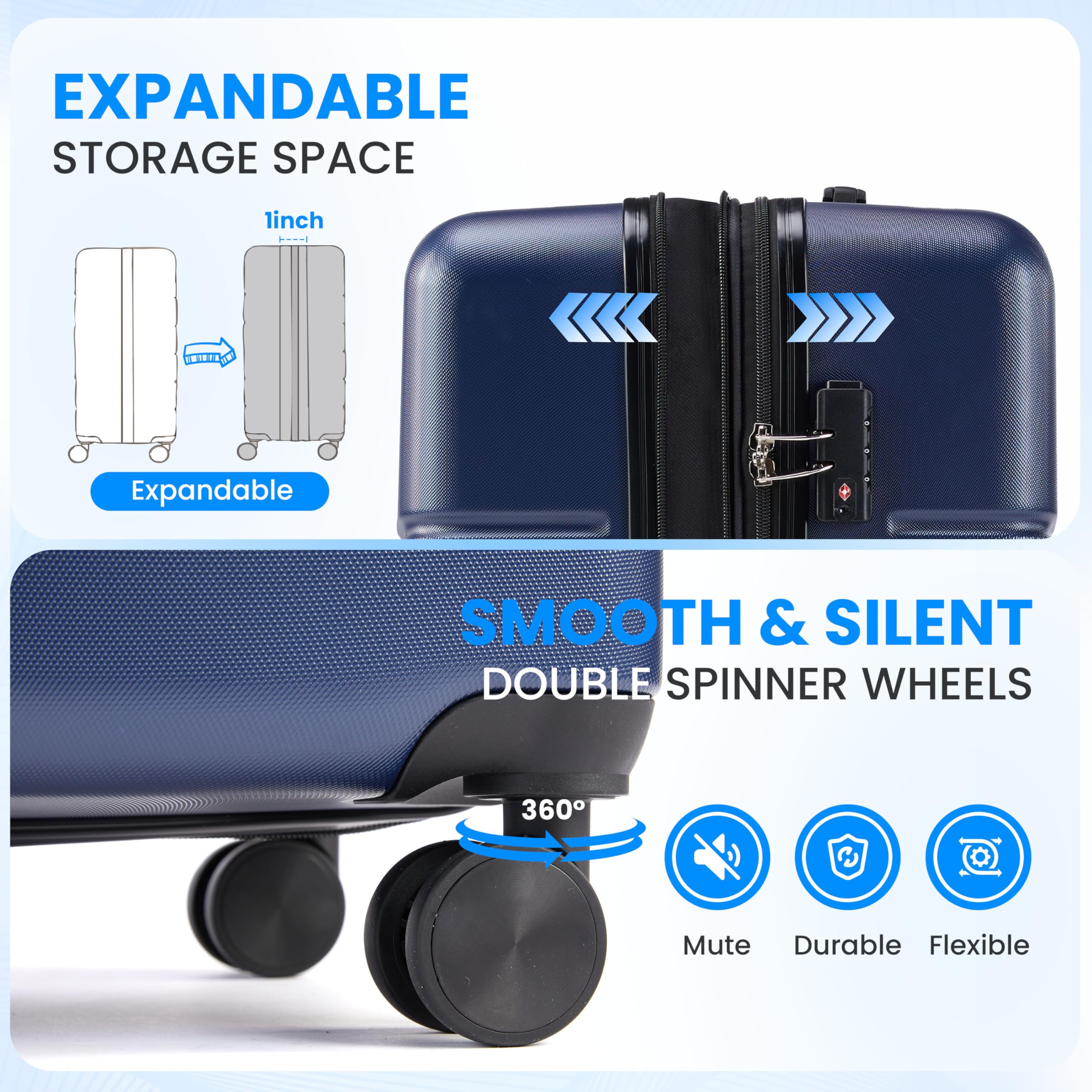 Simple Deluxe 28 Inch Expandable Hardside Carry On with Spinner Wheels & TSA Lock, ABS Hard Shell Lightweight Rolling Luggage Suitcase, Blue