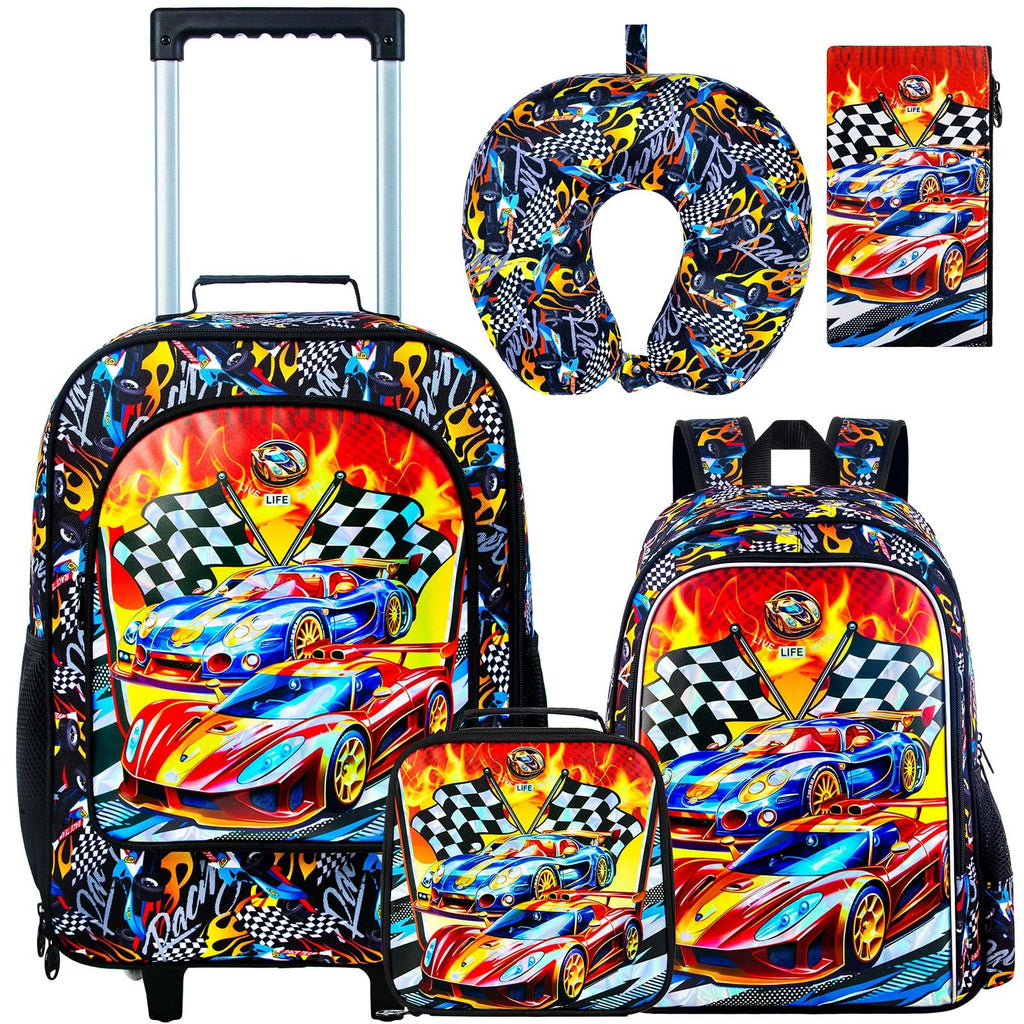 HPJGD 5PCS Boys Suitcase Set, Kids Water-Resistant Rolling Luggage, Cool Car Racing Travel Carry-On for Elementary/Preschool Toddler