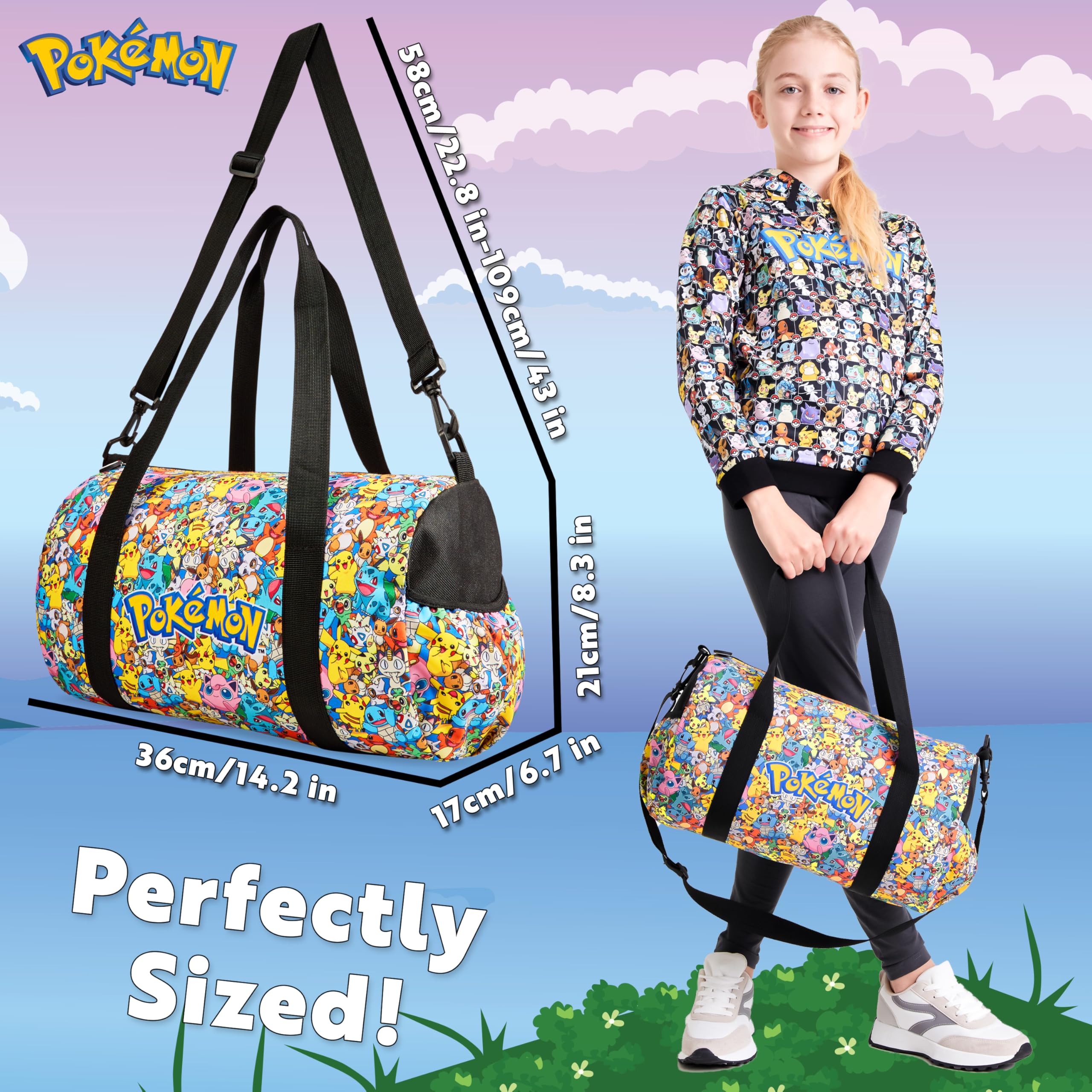 Pokemon Pikachu Duffel Kids Travel Bag - Gym Sports Overnight Holdall with Adjustable Strap & Pockets