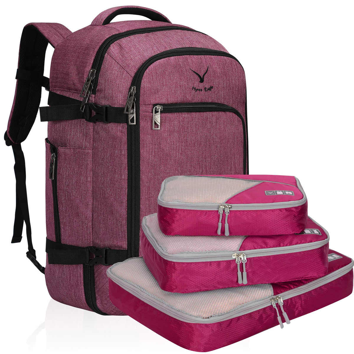 Hynes Eagle Travel Backpack 40L Flight Approved Carry on Backpack, Red Violet with Red Violet 3PCS Packing Cubes 2018