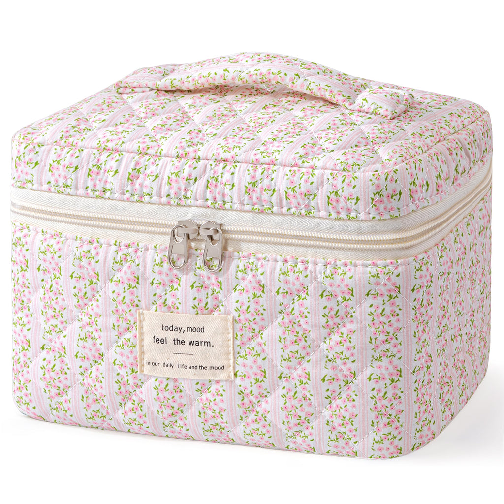 HBselect Large Quilted Makeup Bag, Cute Cotton Travel Cosmetic Bag with Handle, Gifts for Bridesmaids, Portable Coquette Floral Make up Bags, Toiletry Organizer Cosmetic Bags for Women