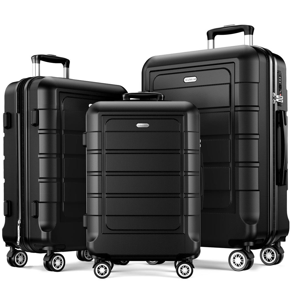 SHOWKOO Luggage Sets Expandable 100% PC Durable Suitcase Double Wheels TSA Lock Black