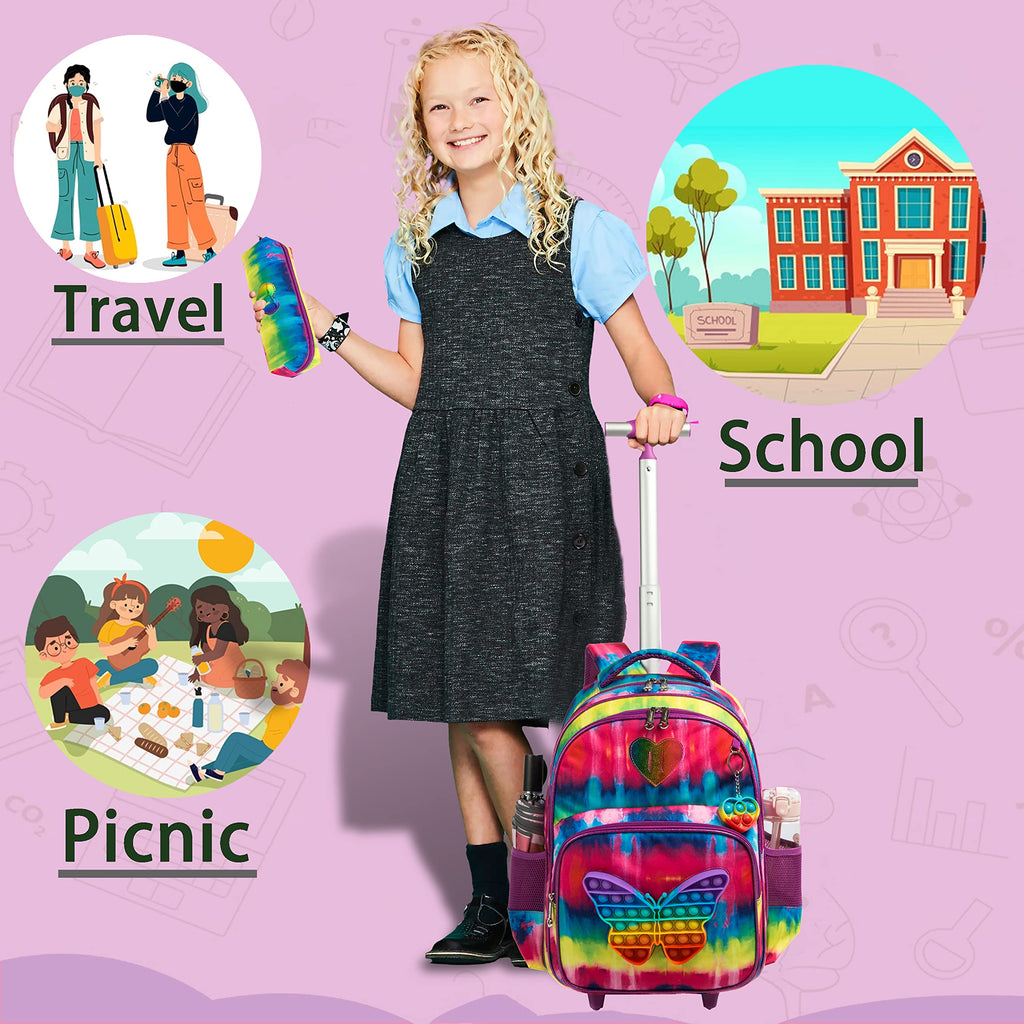 Meetbelify Rolling Backpack for Girls School Bag with Wheels for Elementary Student Kids Cute Travel Luggage with Lunch Box Pencil Case for Girls 8-10