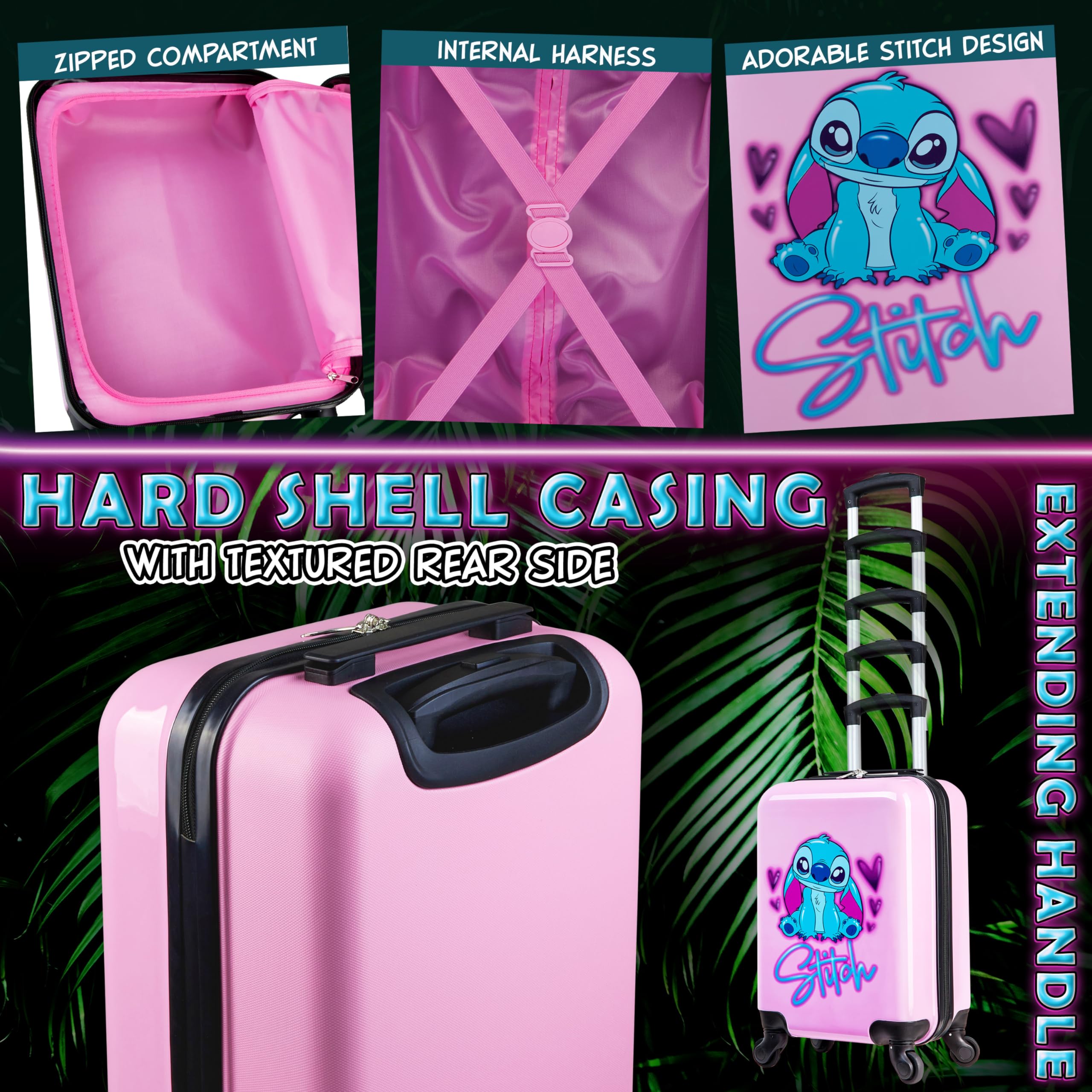 Disney Stitch Suitcase Set or Individual, Hard Shell Suitcase with Wheels 28L, 50L or 91L, 4 Wheels (Pink Stitch Small)