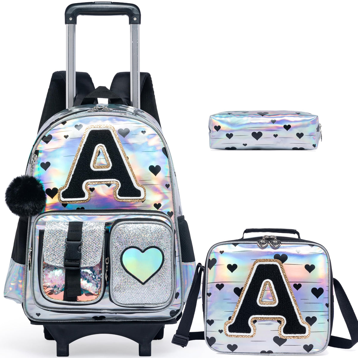 Meetbelify Rolling Backpack for Girls Backpack with Wheels for Elementary Student Kids School Bag with Lunch Box Pencil Case for Girls Ages 6-8 Years Old Black A